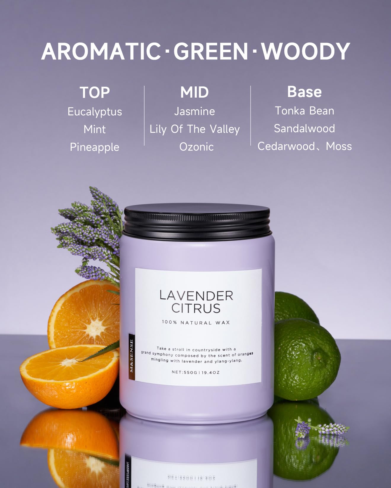 M&SENSE Soy Candles for Home Scented 550g Lavender Citrus Aromatherapy Candles, 110H Burn Time - Image 2