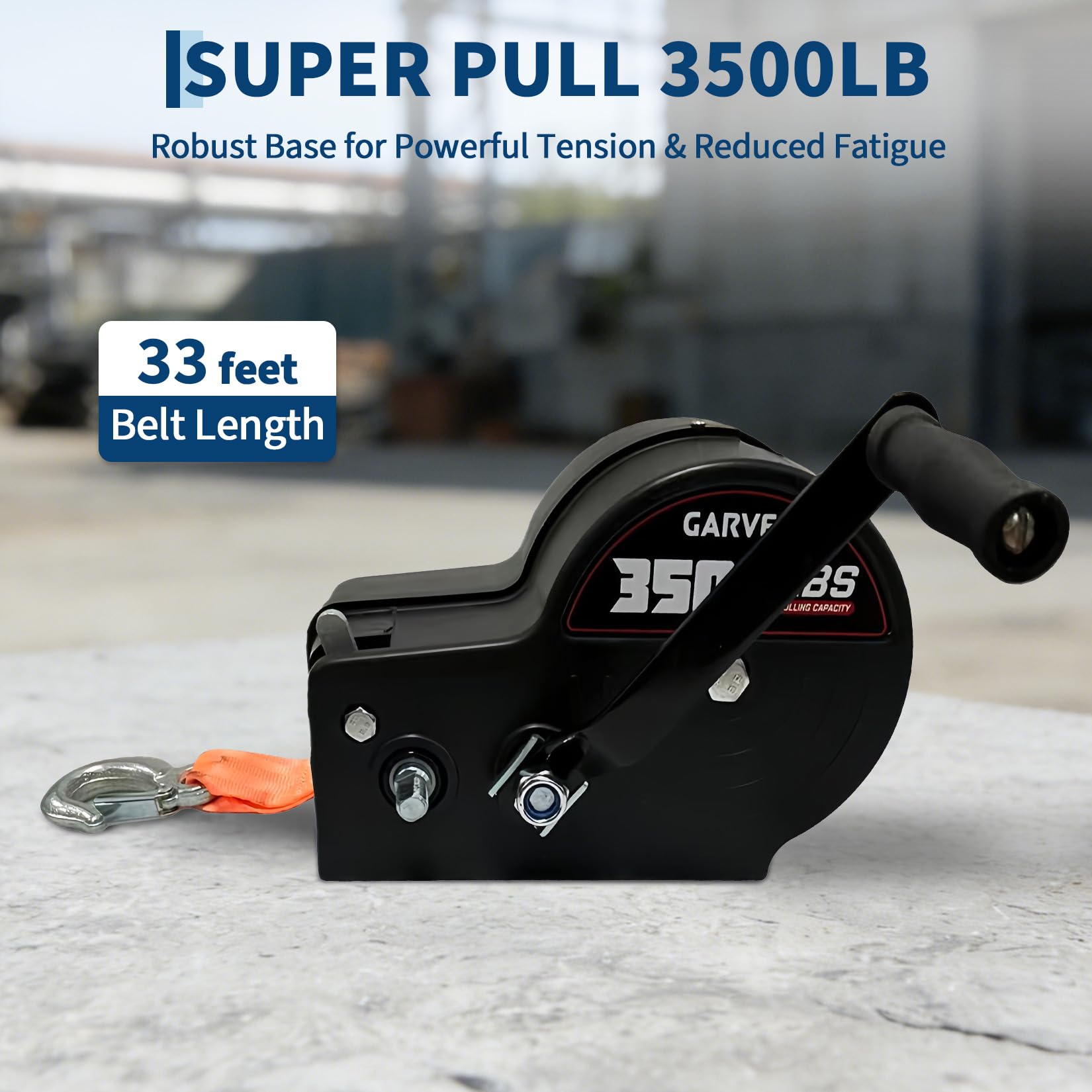 Garvee 1588kg Handseilwinde mit Vollschutzabdeckung, Orange | 10x5cm verstärktes Gurtband – Wärmebehandelte Welle – 2-Gang-Getriebe (4:1/8:1) – Für Anhänger, Boot, ATV, LKW, Offroad