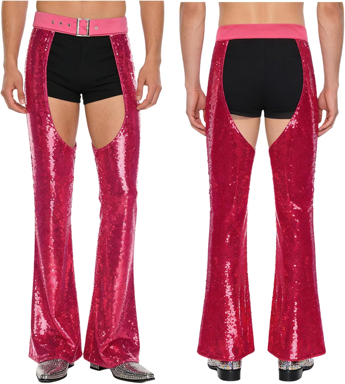 FEESHOW Men's Sequin Cowboy Chaps Pants Glittery Adjustable Waist Hollow Out Lined for Masquerade