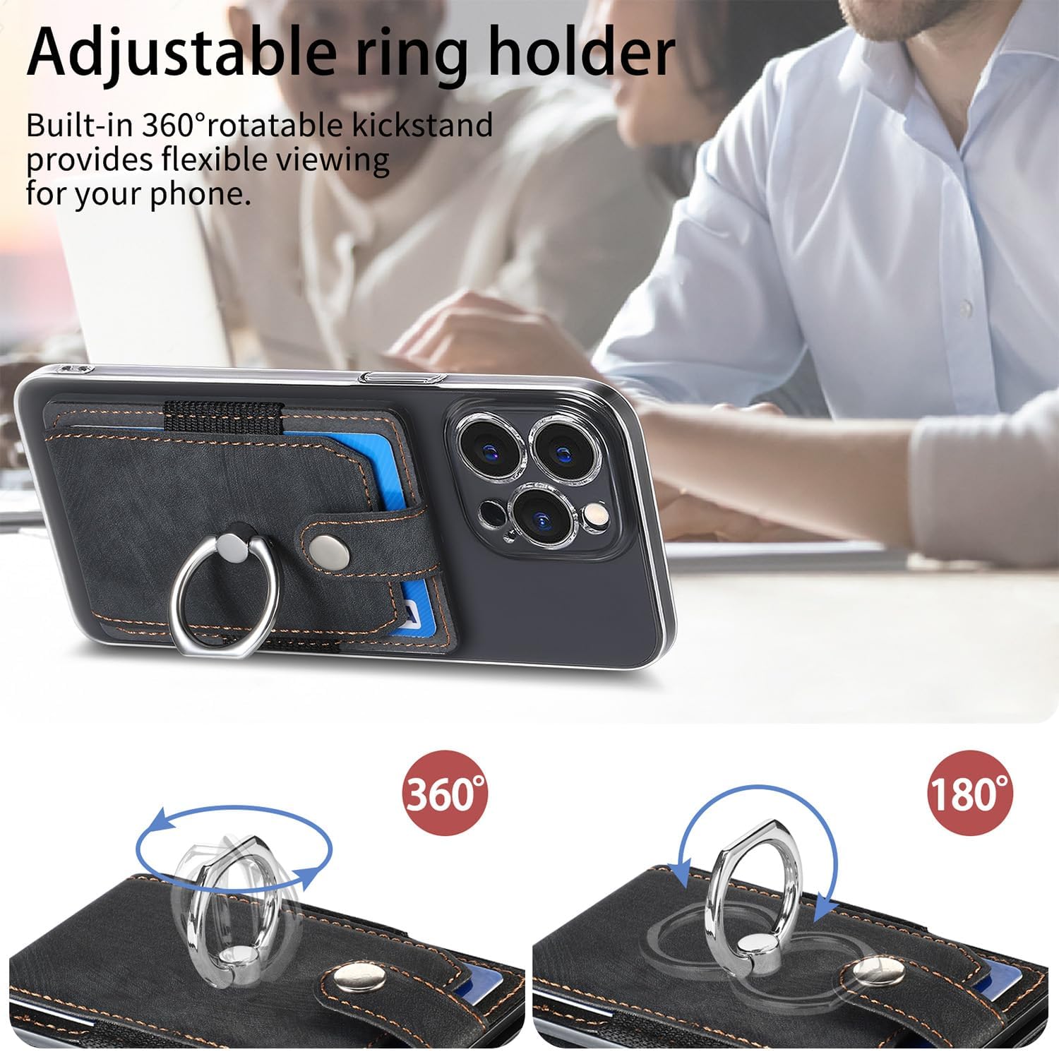 Card Holder Phone Wallet,Ring Stand Stick on Phone Wallet,Ultra-Slim Self Adhesive,Credit Card Holder for Back of Phone, Pocket Wallet Stick on Most Smartphones
