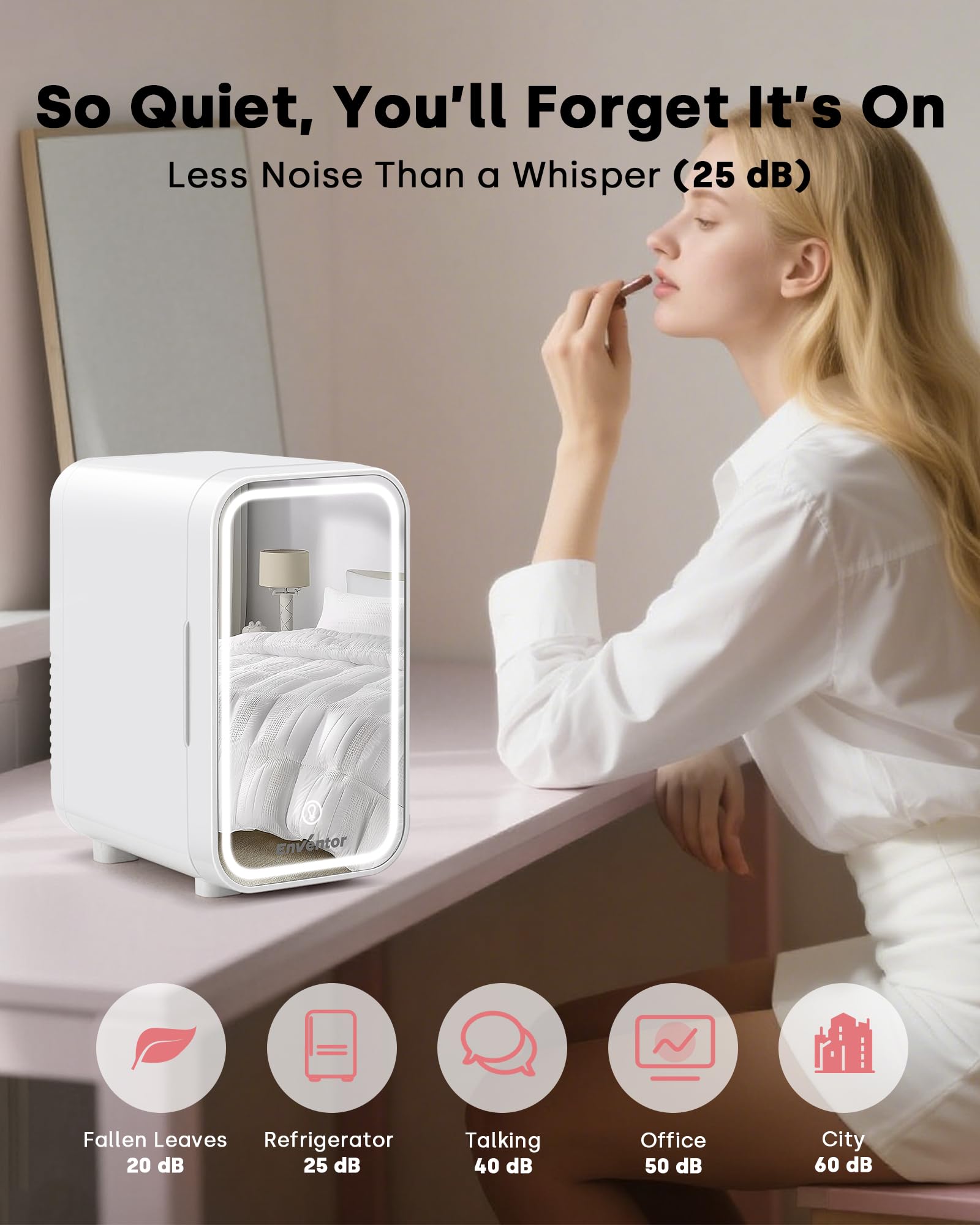 Enventor Mini Fridge 6L/ 8 Can, Skincare Fridge With Dimmable LED Light Mirror, AC+12V DC Power Cooler & Warmer for Bedrooms, Home, Car/Cosmetics, Skin Care and Food, White — view 5