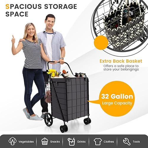 Miniatura 3 de Safstar - Carrito de compras con bolsa Oxford Liner, carrito de compras plegable de 27 galones con ruedas, cesta doble, capacidad de peso de 330