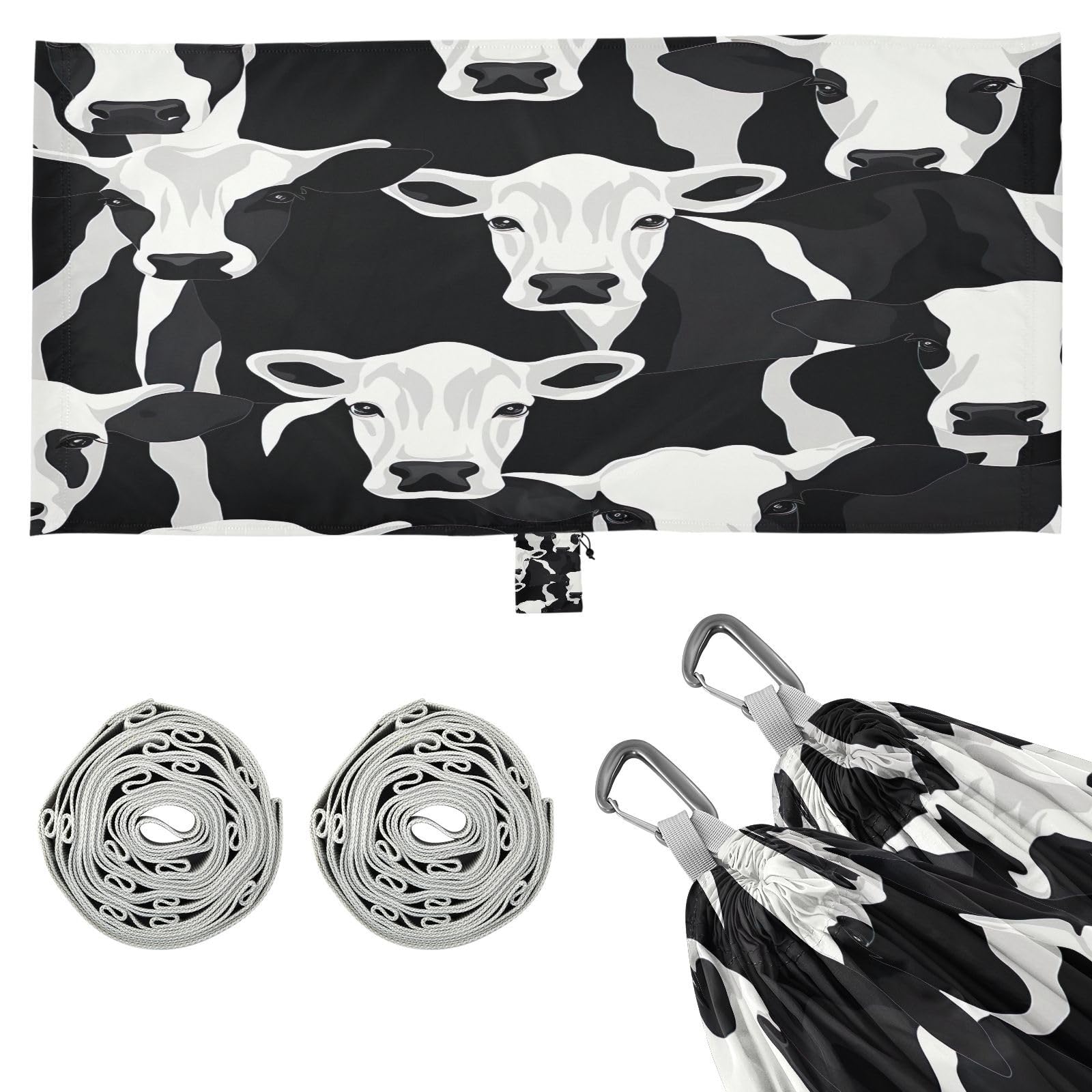 SDMKA Cow Print Camping Hammock, 330 lbs with 2 Tree Straps, Carry Bag, Single Portable Hammock for Outdoor/Indoor, Hiking, Beach, Backpacking, Travel