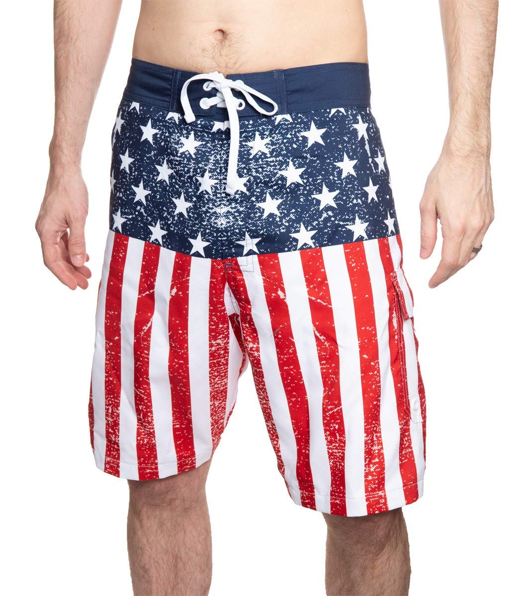 CalhounMen's Americana USA Flag Fourth of July Swim Board Shorts