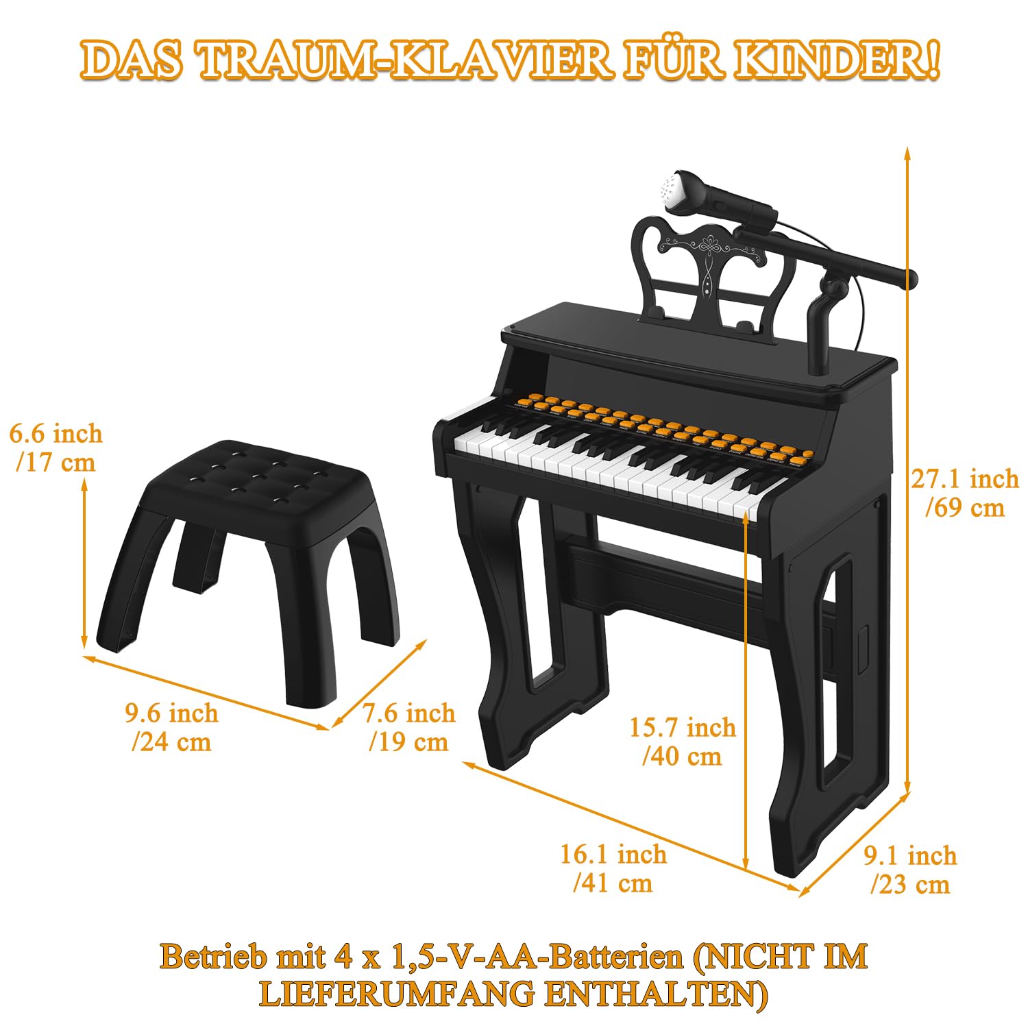 Kinder Klavier Keyboard Spielzeug, Kleinkind elektronische Musikinstrument Lernspielzeug mit Mikrofon und Hocker, Weihnachten Geburtstag Geschenk für 3+ Jahre alt (schwarz)