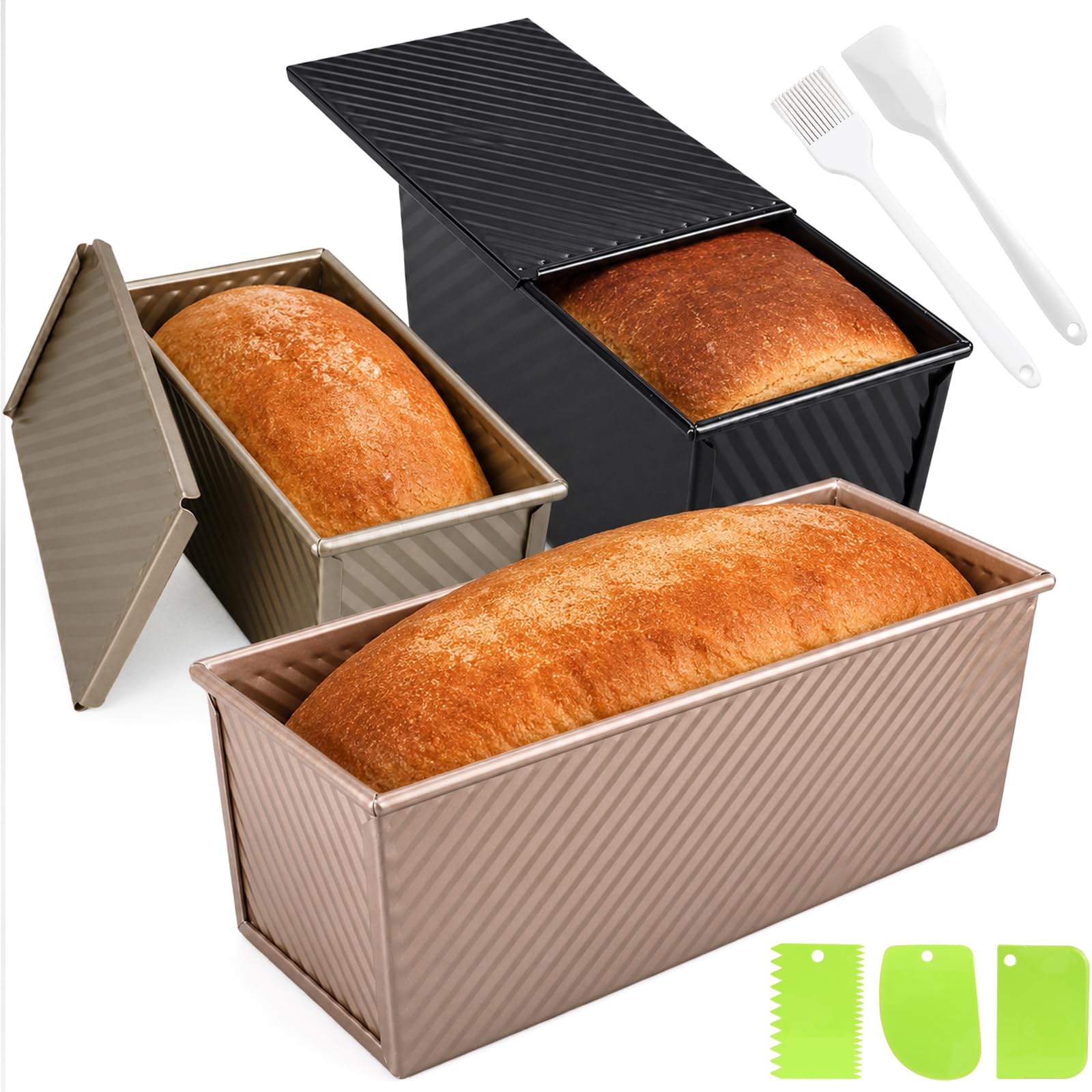 MSYU Pullman Kastenform mit Deckel, 1000 g und 450 g und 360 g, Antihaft-Sandwich-Brotbackform für hausgemachtes Brot, 3 Stück
