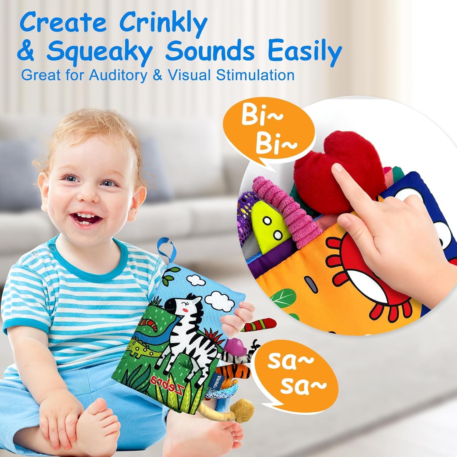 BeFunky Baby Fabric Book, Baby Book Toy Months 0 3 6 12 Months, Soft 3D Picture Book Feel Book Crinkle Book Sensory Toy Montessori Learning Toy For Boys Girls (Jungly Animals), Multicolor - Image 5 thumbnail