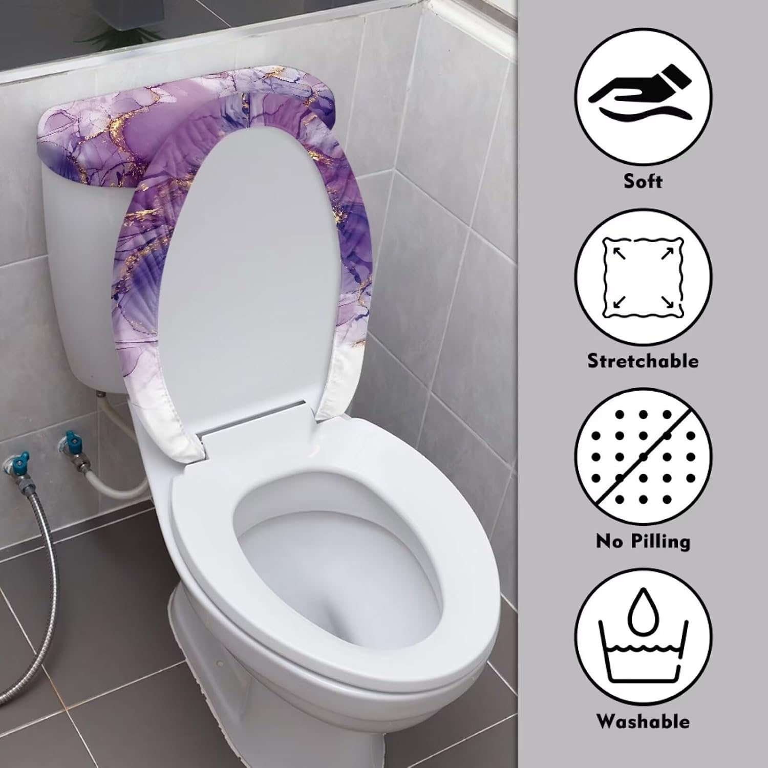 Purple Marble Print Toilet Lid Cover and Tank Lid Cover Machine Wash Bathroom Super Soft Toilet Lid Cover Set Seat Covers Fits Most Lids for Accessories Decor