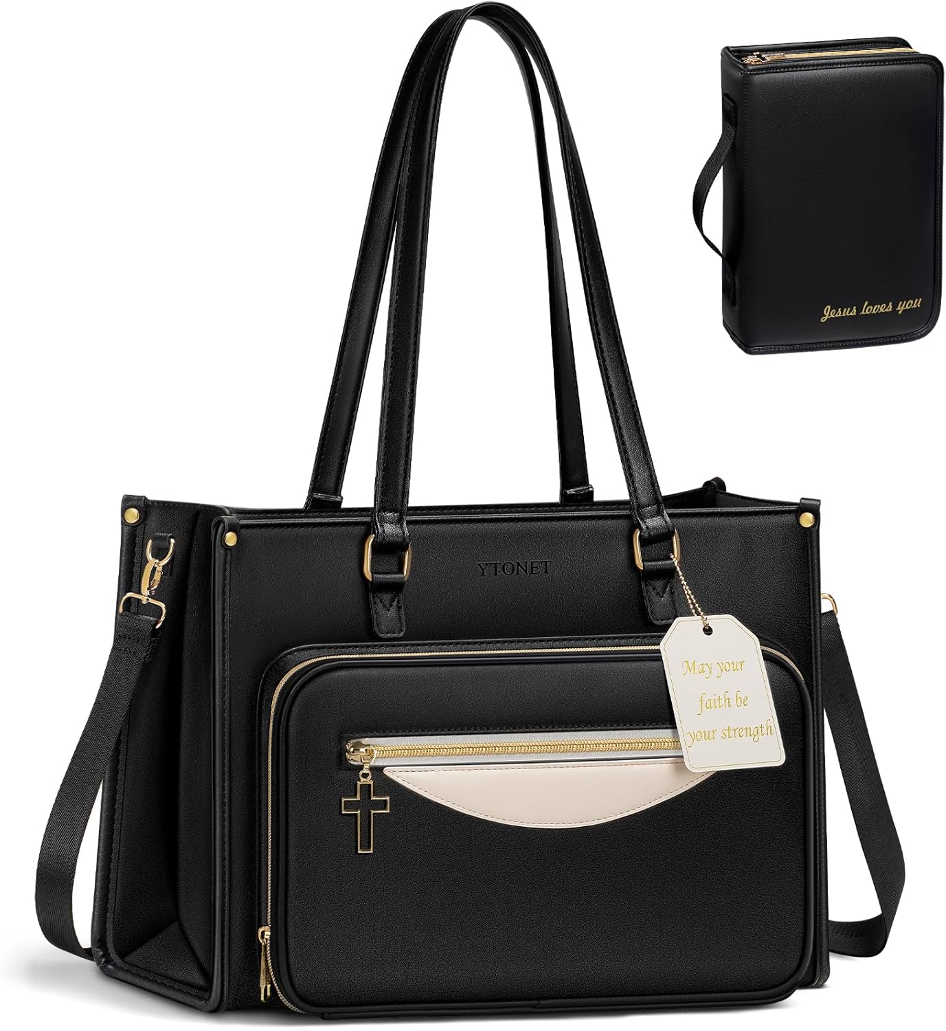 Ytonet Bible Bag with Bible Cover Case for Women, Premium PU Leather Bible Tote Bag Church Bag with Cross Zipper Design for Bible Study Supplies, Christmas Christian Gifts for Women, Black