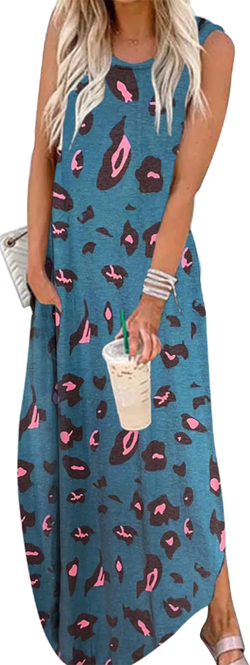CHUNTIANRANWomen's 2023 Casual Loose Sundress Maxi Dress Sleeveless Summer Beach Long Dresses Tshirt Dress with Pockets