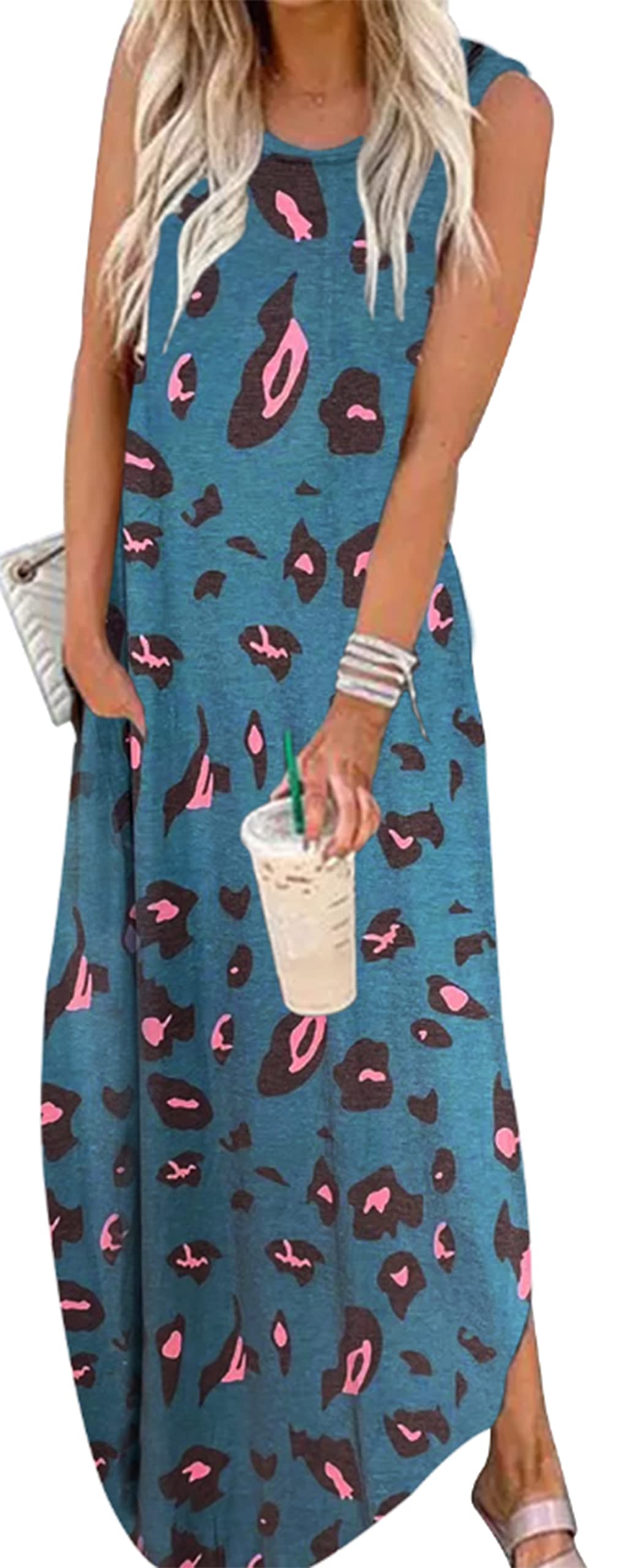 CHUNTIANRANWomen's 2023 Casual Loose Sundress Maxi Dress Sleeveless Summer Beach Long Dresses Tshirt Dress with Pockets