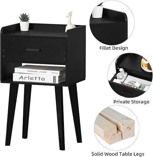 Miniatura 6 de Lerliuo Mesita de noche negra, mesa auxiliar de cama moderna de mediados de siglo con cajón y patas de madera maciza, mesita de noche con
