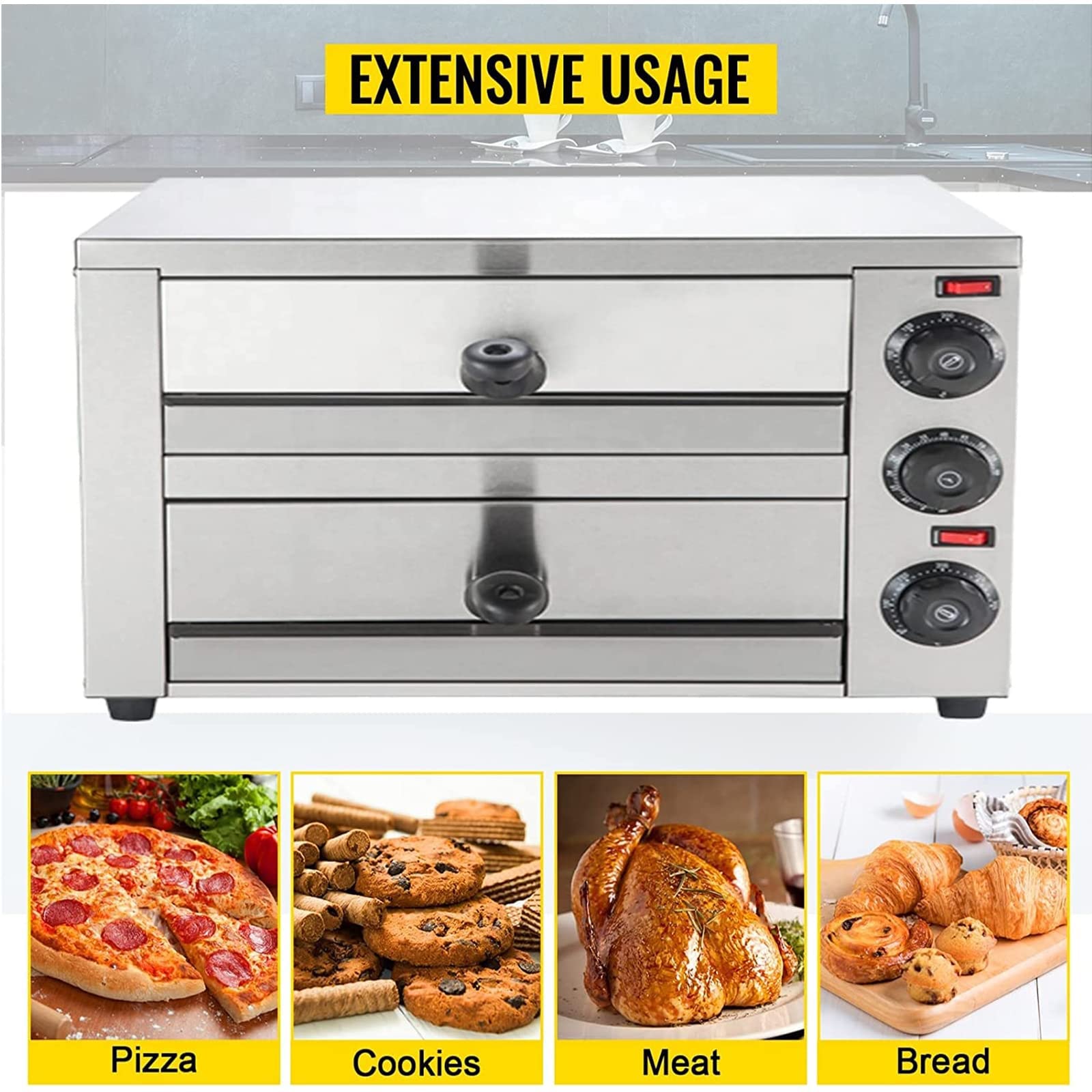 Encimera eléctrica del Horno de Pizza, Fabricante de 16 Pulgadas con Temporizador de Ajuste de Temperatura Independiente, Horno Tostador Multiusos de Acero Inoxidable