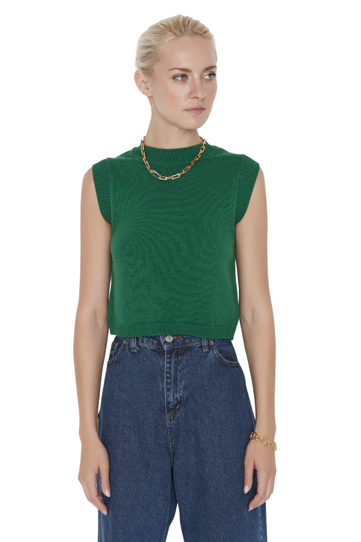TRENDYOL Damen Crew Neck Plain Slim Vest Sweater, Smaragdgrün, S EU