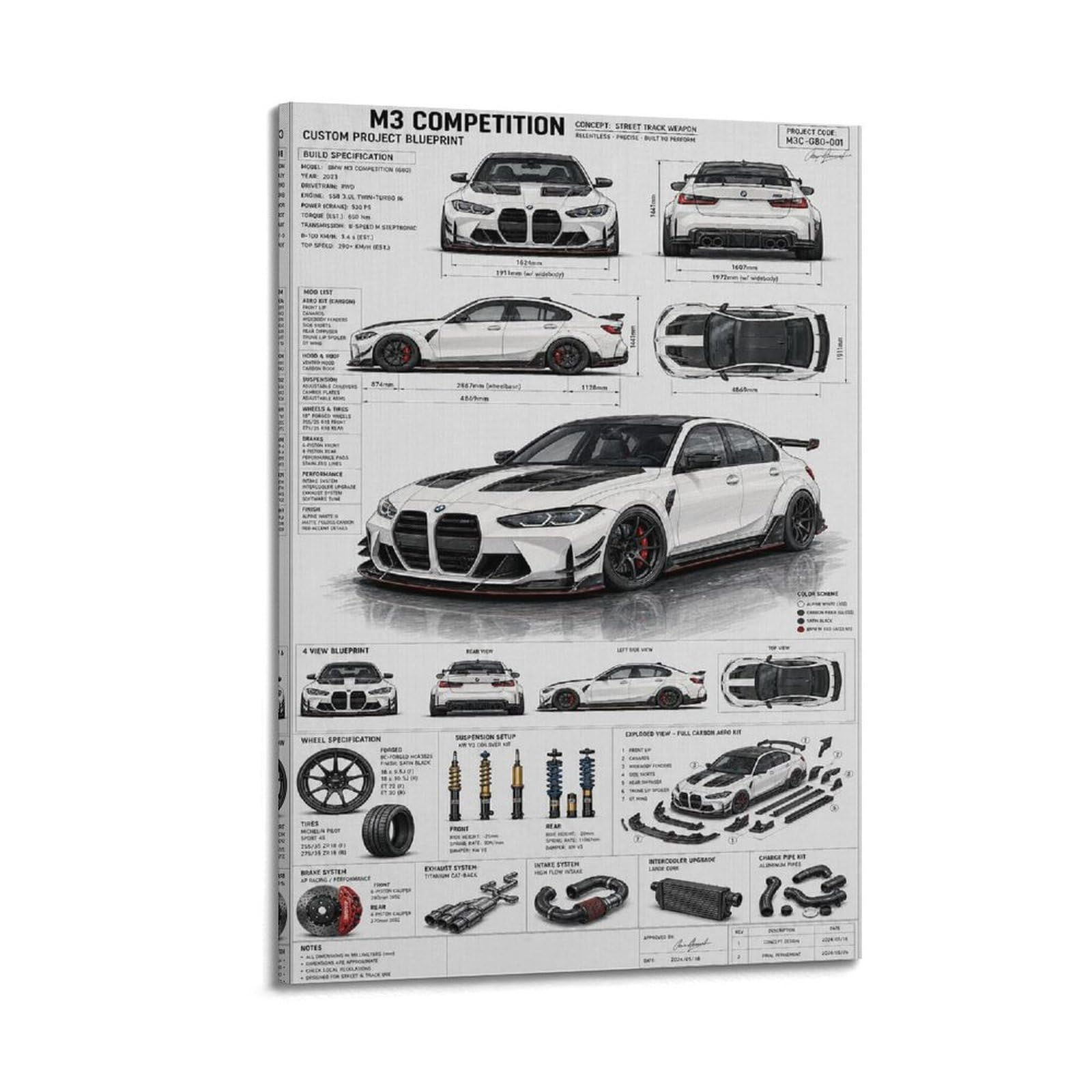 XKUGA German Racing Performance Poster M3 Competition G80 Modern Decorative Canvas Prints - Ideal Wall Art for Family, Man Cave, Game Room, Boys & Girls Bedroom 20x30inch(50x75cm)