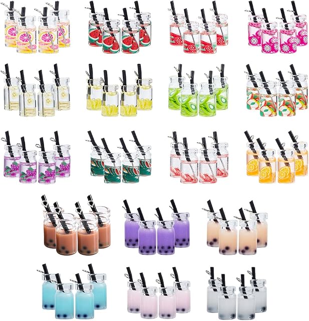 NBEADS 72 Pcs Resin Bottle Charms, Drink Glass Bottle Pendant Imitation Fruit Juice Tea Charms with Iron Findings for Earrings Jewelry Making Key Chain