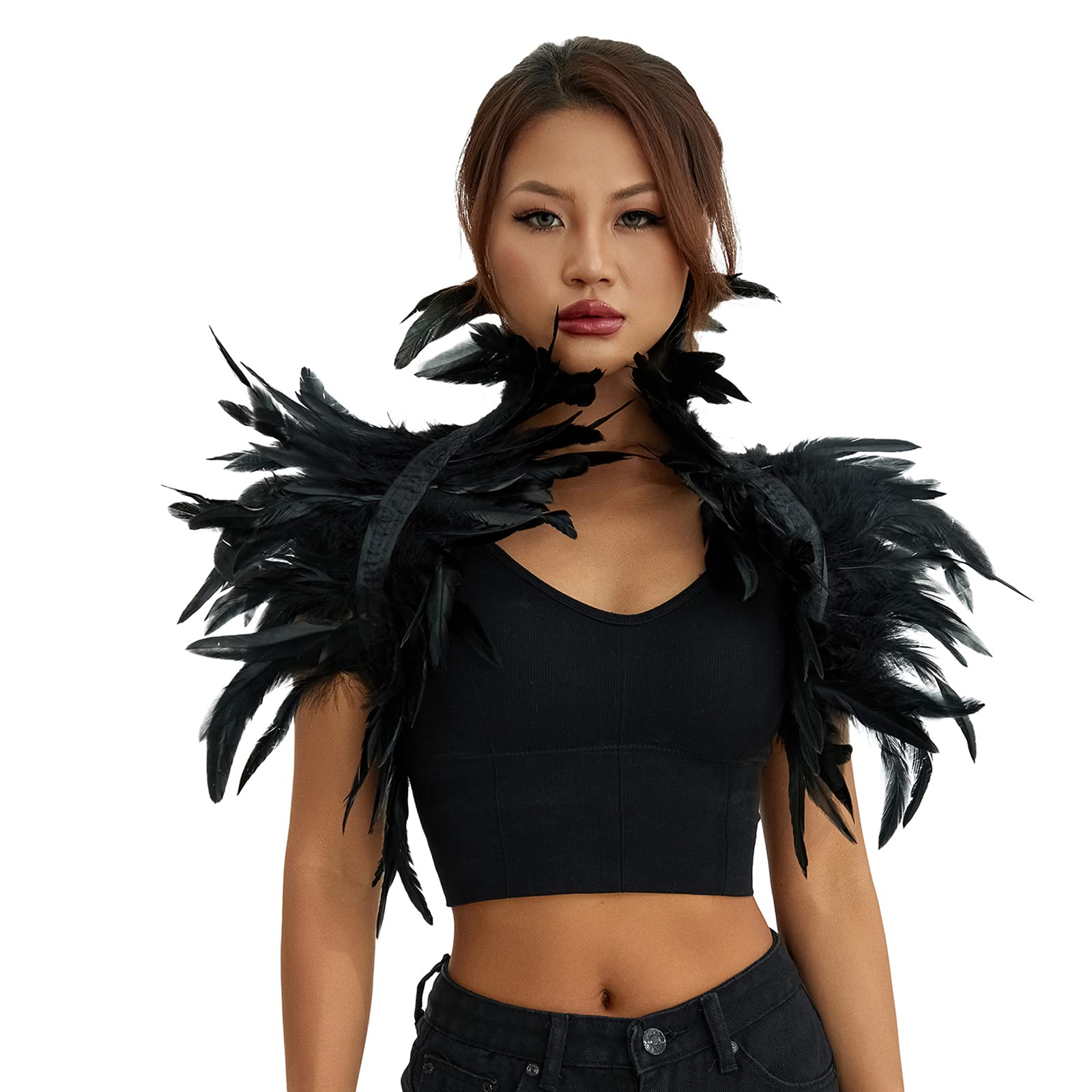 ESSECMBS Womens Natural Feather Cape Costume Gothic Lacing Shawl Shrug Collar Feather Cloak for Halloween Cosplay Christmas Party (Black, Standard)