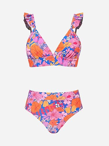 Miniatura 6 de CUPSHE Conjunto de bikini de 2 piezas para mujer, traje de baño de cintura alta, estampado floral, volantes, cuello en V