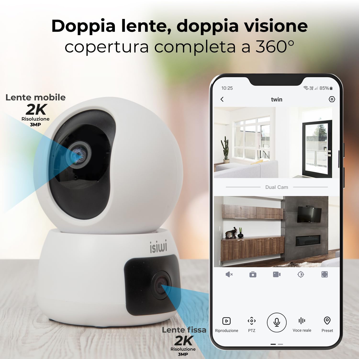 TWIN Telecamera Wi-Fi Interno 2K 3MP+3MP, Doppia Lente, PT, Videocamera sicurezza, Rilevamento persone, Tracciamento movimenti, 2.4/5GHz Visione Notturna Audio registrazione SD-Cloud/NVR