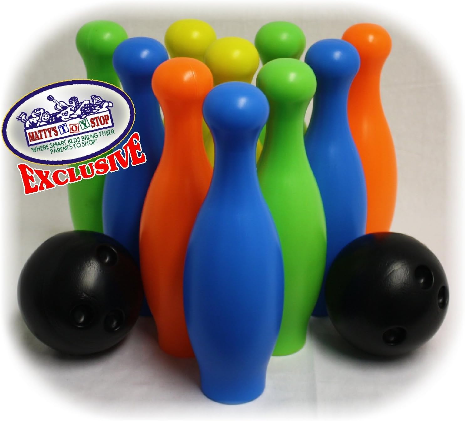 Matty's Toy Stop 10 Pin Multi-Color Deluxe Plastic Bowling Set for Kids with Storage Rack - 12 Pieces Total (10 Pins & 2 Bowling Balls)