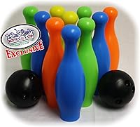 Vista 6 de Matty's Toy Stop 10 Pin Multi-Color Juego de bolos de plástico de lujo para los niños con el estante de almacenamiento, 12 Piezas Total
