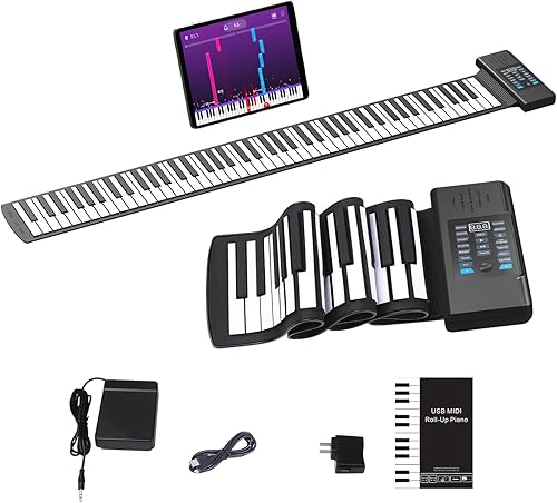 KONIX 88 Keys Roll Up Piano, Upgraded Portable Rechargeable Hand Roll Piano Keyboard, 128 Rhythms, 128 Tones, Roll Out Keyboard Piano with LED