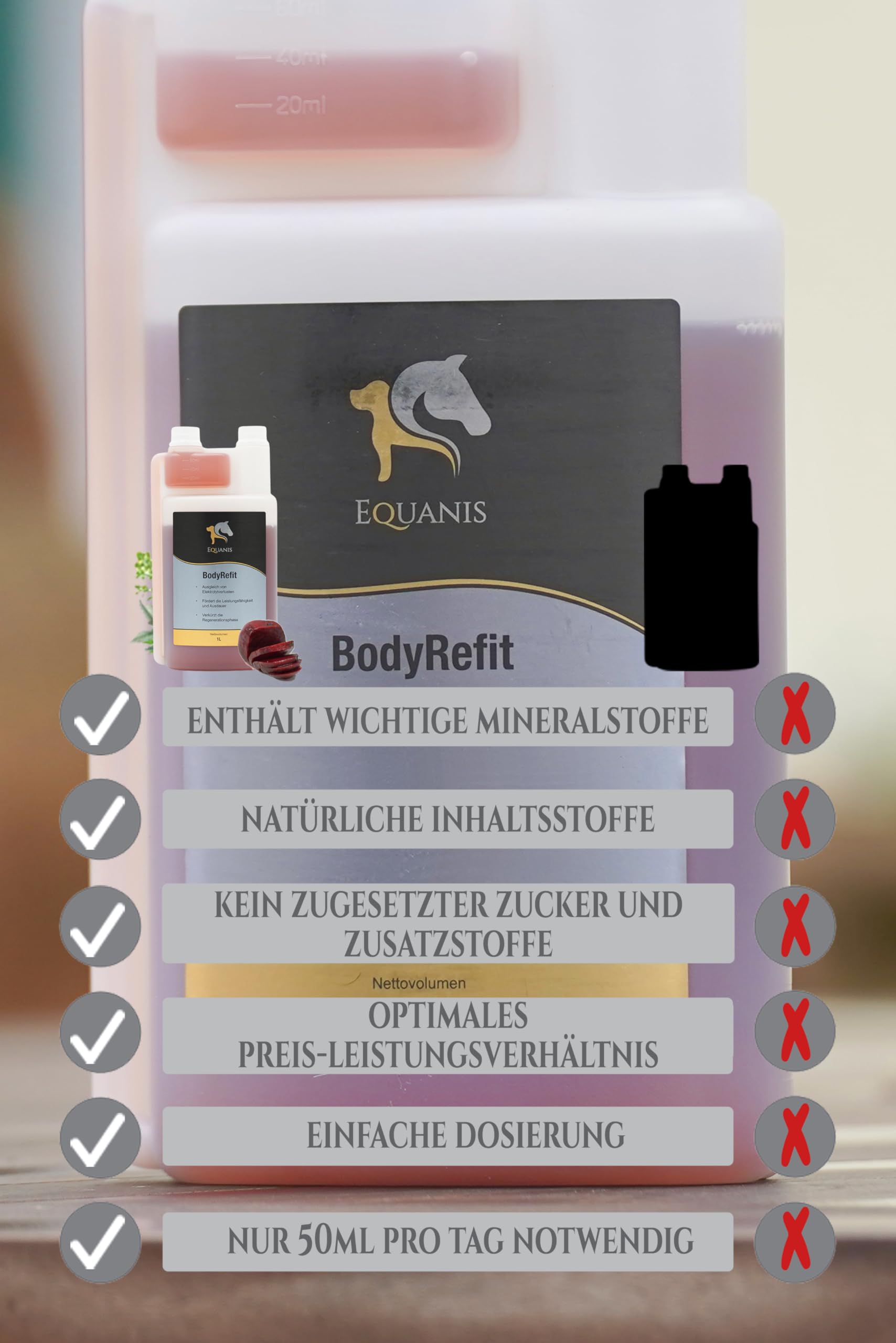 Equanis BodyRefit - Elektrolyte für Pferde in Premium-Zusammensetzung. Kann einen Elektrolytmangel nach starken Schwitzen vorbeugen. Mit RoteBeete anstatt Zuckerzusätze