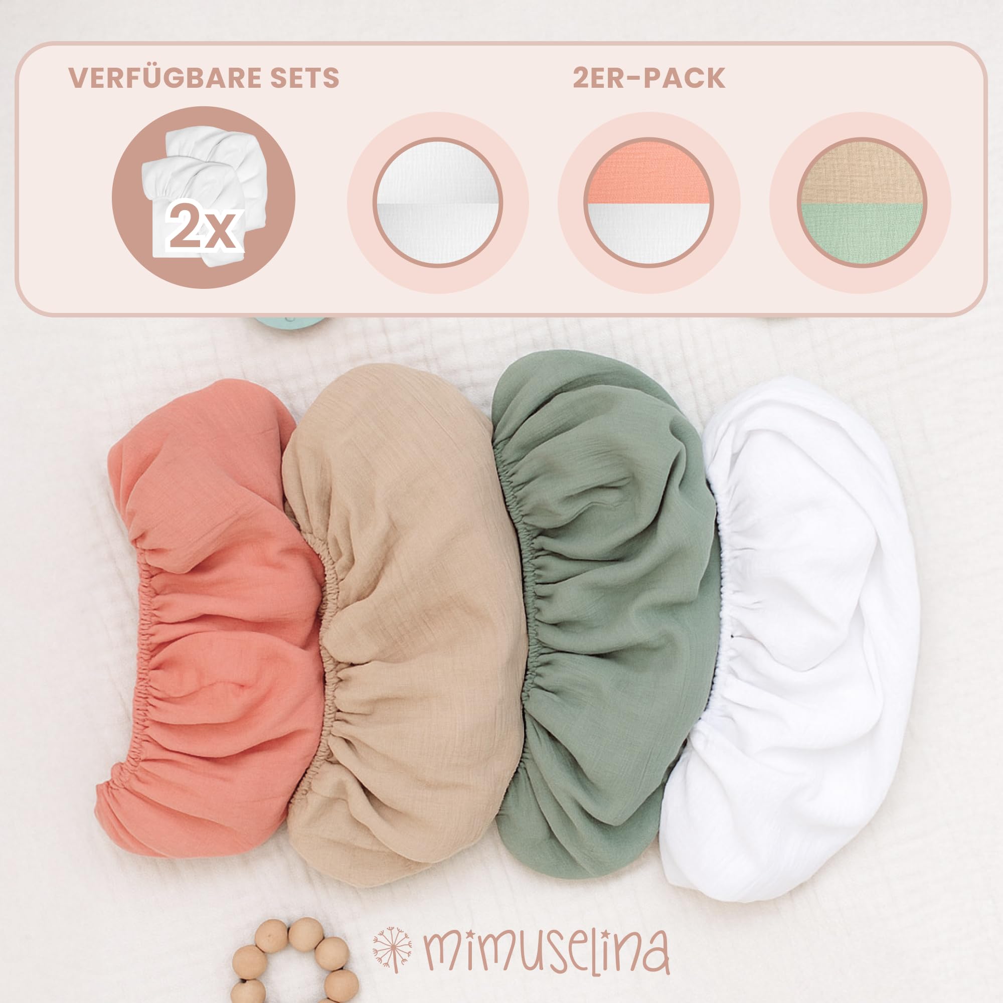 Mimuselina Spannbettlaken Stubenwagen 35x75 – 2er-Pack Stubenwagen Bezug 75x35 aus 100% weicher, atmungsaktiver Musselin-Baumwolle – Handgefertigt in Spanien – [Mint + Sand]