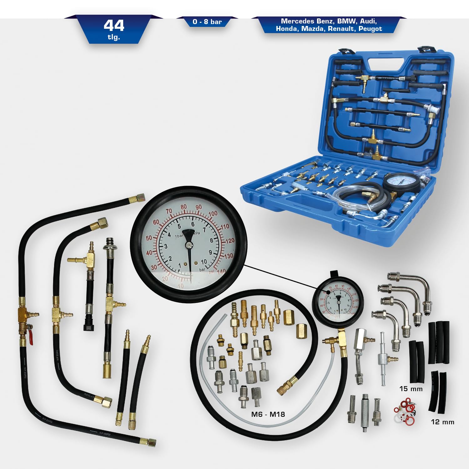 BRILLIANT TOOLS BT581400 Benzindruck-Prüfer-Satz, 0 - 8 bar, 44-tlg [Powered by KS TOOLS] Mit Stabilem Blauen Transportkoffer