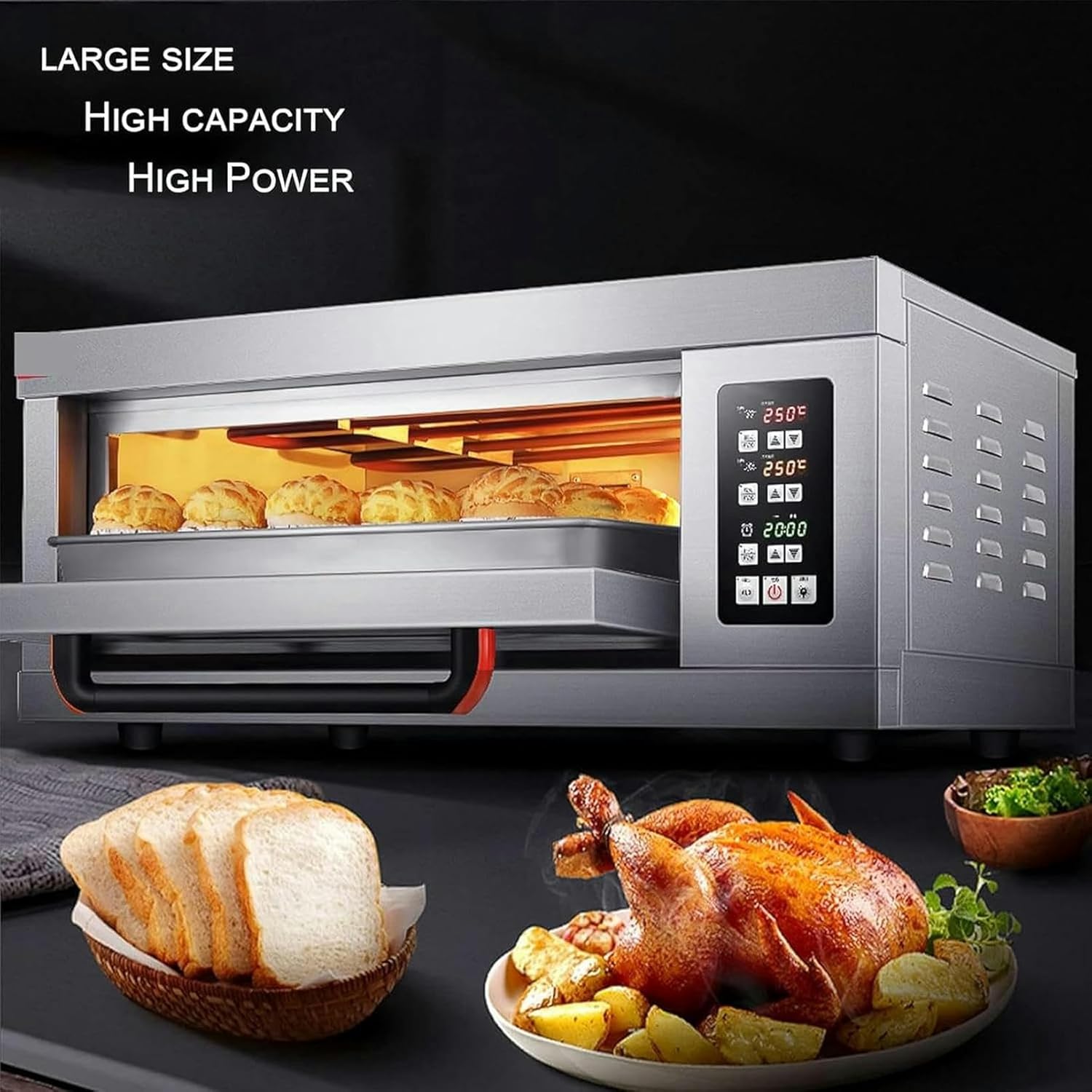 Electric Pizza Oven Maker Single Deck Kitchen Commercial Baking Fire Stone Catering with Timer,3200W,Stainless Steel,Home Pizza Bread Baking Oven