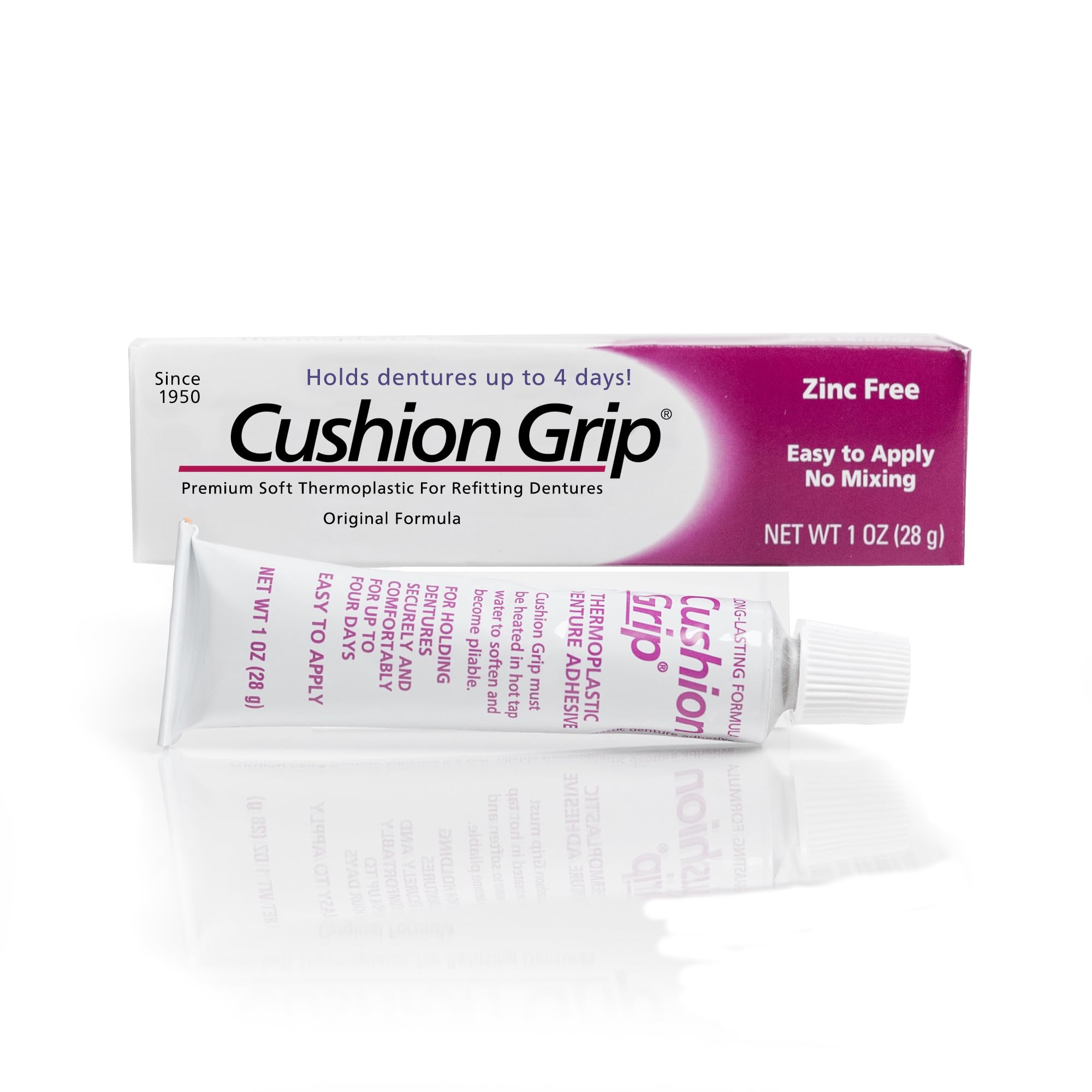 Cushion Grip Thermoplastic Denture Adhesive 1oz–Extra Strong Hold Up to 4 Days, Unmatched Strength, Waterproof & Zinc Free, Relieves Sore Gums, Comfortable Refit, Long Lasting, Acts as Soft Reliner