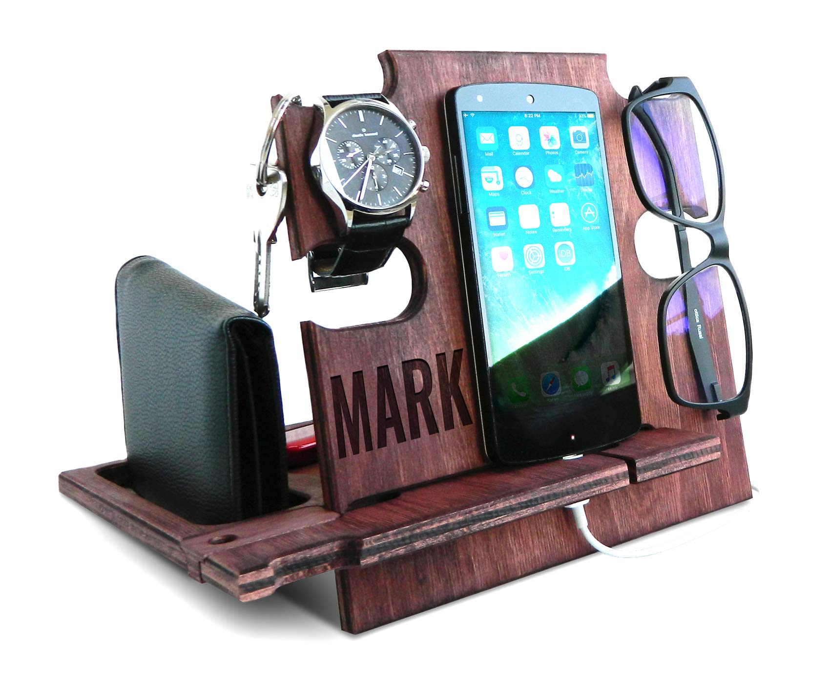 Wood Phone Docking Station Personalized Gifts for Men Phone Holder Wallet and Key Organizer Nightstand Charger Station Key Stand Presents for Dad Christmas