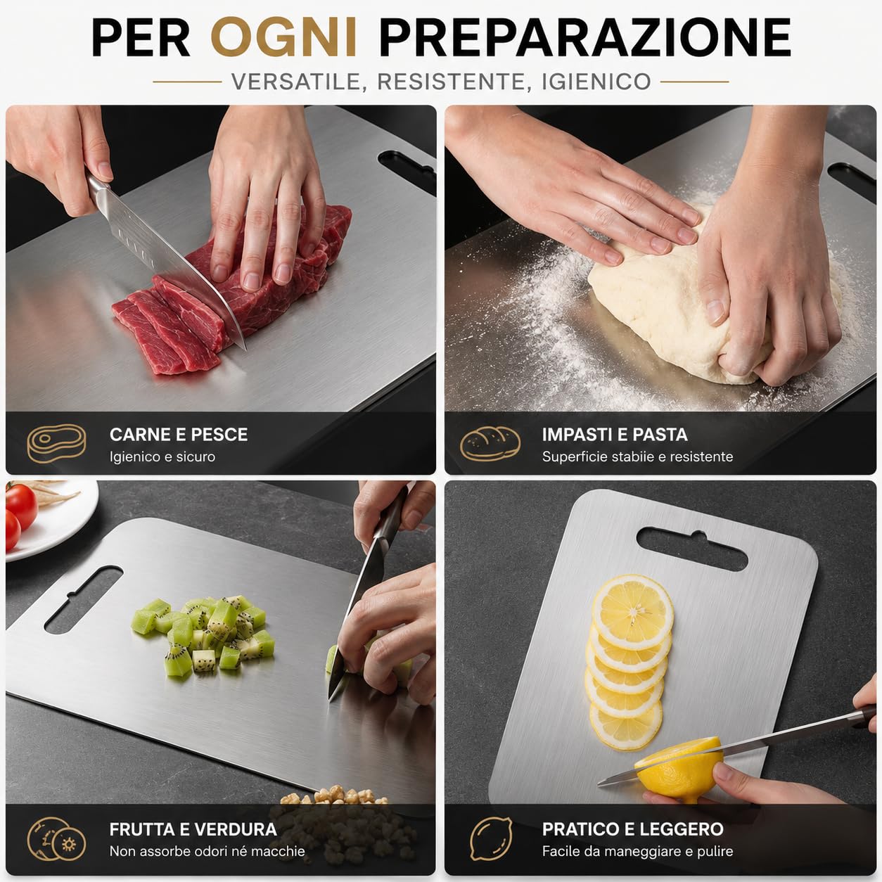 Tagliere in Acciaio Inox Alimentare 304 Per Cucina, Tagliere acciaio inox Certificato Igienico e Antibatterico, Superficie Alimentare Facile da Pulire, Resistente e Antiodore, 23X34