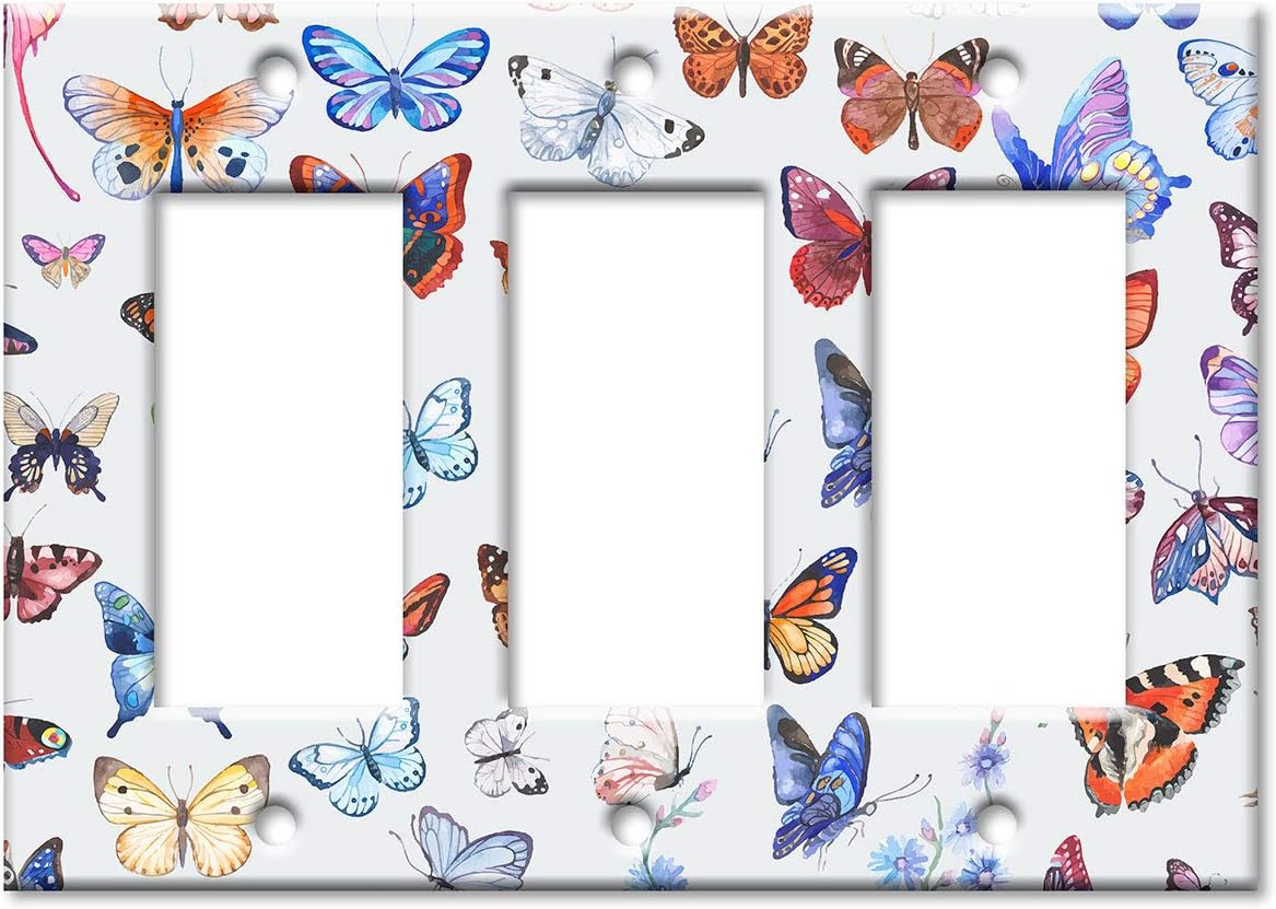 Art Plates - Triple Gang Rocker (Decora) Switch Plate - Decorative Metal Wall Plate - Watercolor Butterflies - (Made in USA)