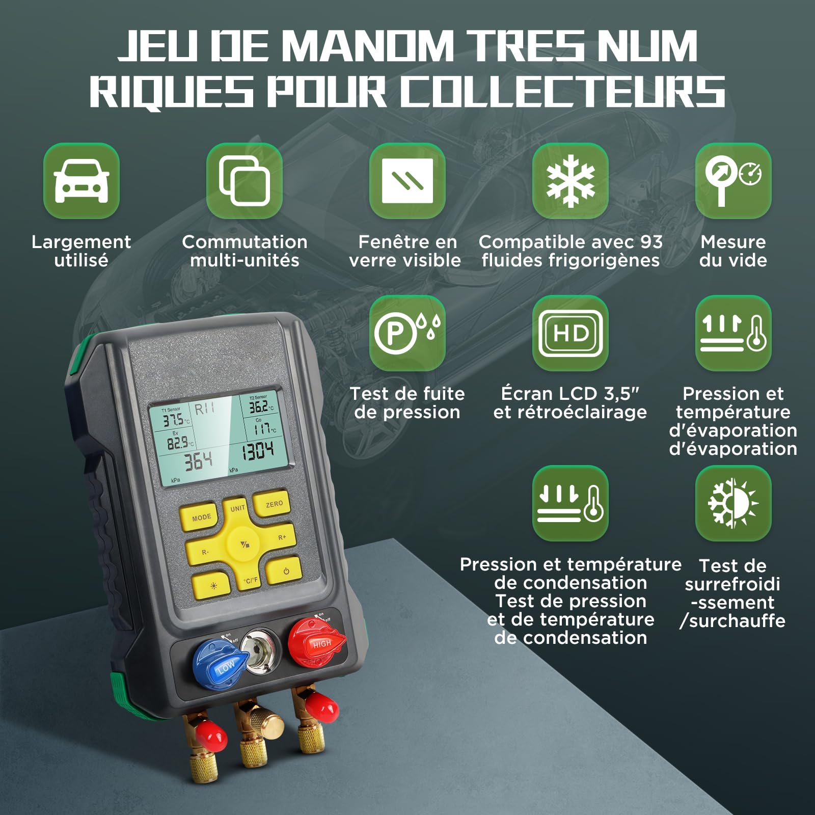 KAISAL Kit de Recharge de Réfrigérant de Climatisation | Base de données de 93 fluides frigorigènes R32 R22 R1234yf R134a R410a Test d'étanchéité sous pression Test de vide