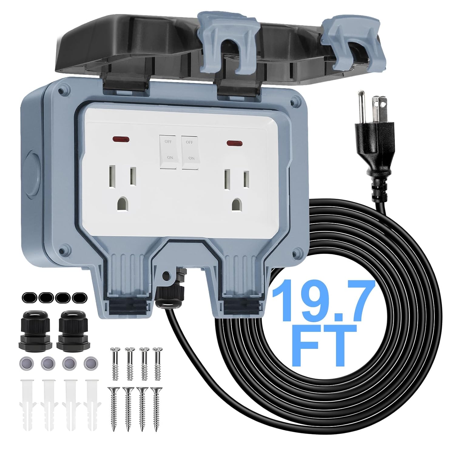 BSEED Outdoor Outlet Box with 19.7ft Extension Cord, Dual 15 AMP 5-15 Receptacle IP66 Waterproof Weatherproof Outdoor Electrical Box, LED Indicator, Lockable Cover, Power Plug for Gardens, ETL Listed