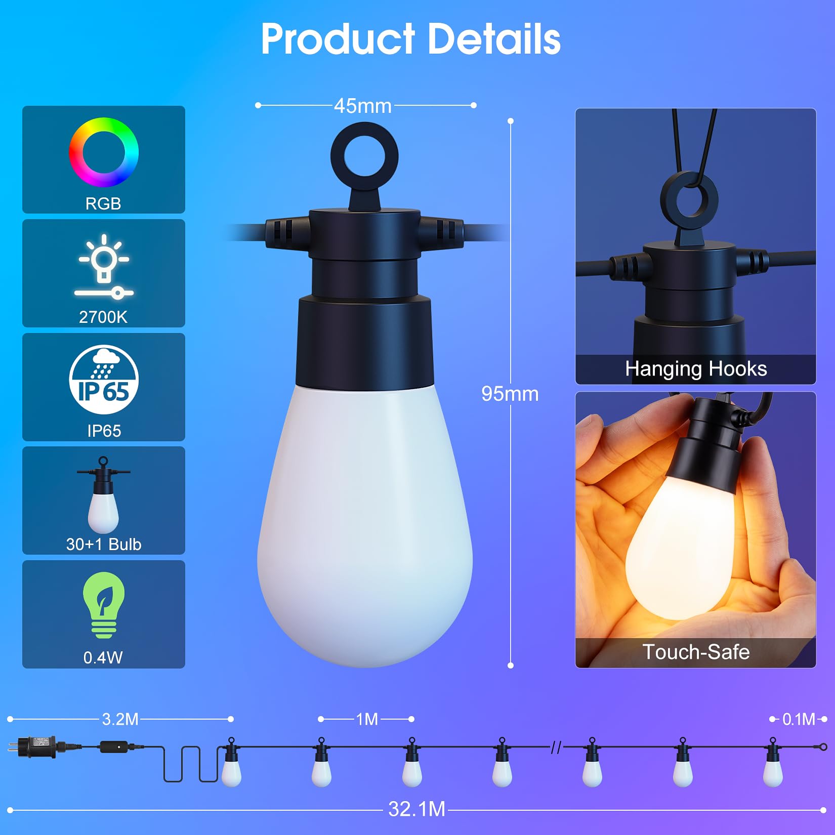 Łańcuch świetlny LED, do użytku na zewnątrz, na Boże Narodzenie, 30 m, możliwość ściemniania, kolorowe żarówki RGB, IP65, odporny na warunki atmosferyczne, pilot zdalnego sterowania, retro, kolorowe