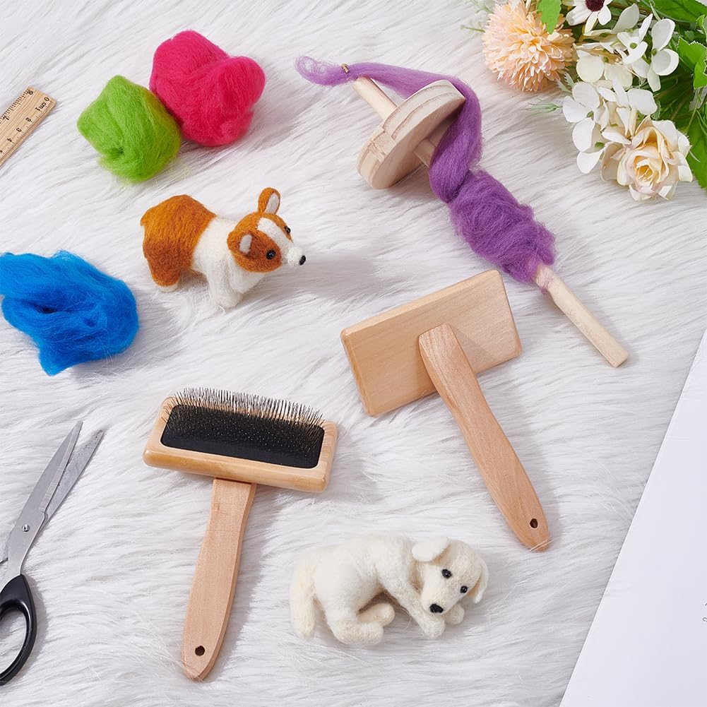 UNICRAFTALE 2Pcs Wool Brush with Wood Spindle Wheel Wool Carders Slicker Brush Needle Felting Brush with Solid Wood Handle for Yarn Weaving Blending Roving Craft Felt