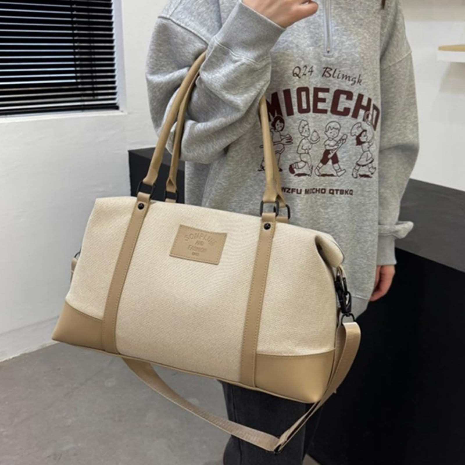 Borsone Da Viaggio Donna Bagaglio A Mano Aereo, Borsa Capiente in Tessuto Oxford Con Scomparto Umido, Accessorio A Tracolla Per Degenza Ospedale Maternità (Kaki)