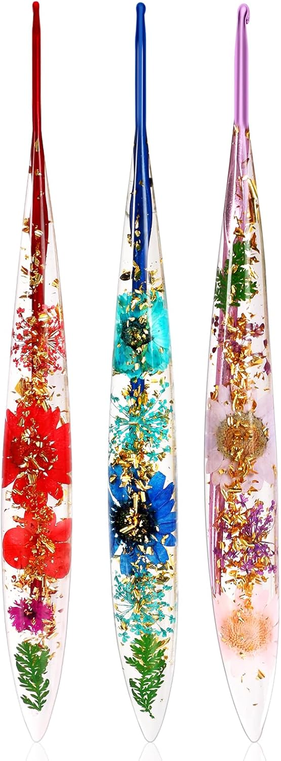 KOKNIT Ergonomic Crochet Hooks Set - 3 Sizes with Floral Resin Handles for Arthritis & Beginners, Comfort Grip for Hand Pain, Extended Soft Handle Design (Multicolor, 2-2.5-3mm)