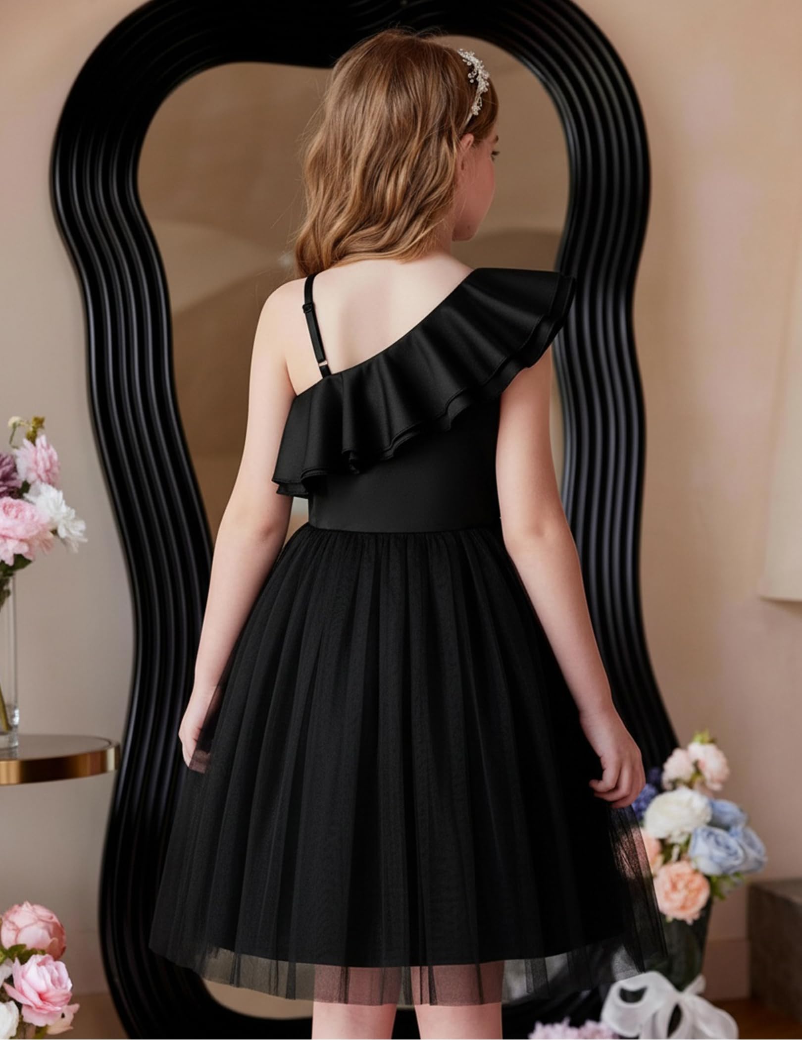 Arshiner Robes pour Filles sans Manches Enfants Encolure Asymétrique Tulle à Fines Bretelles Volants Robe de Cérémonie