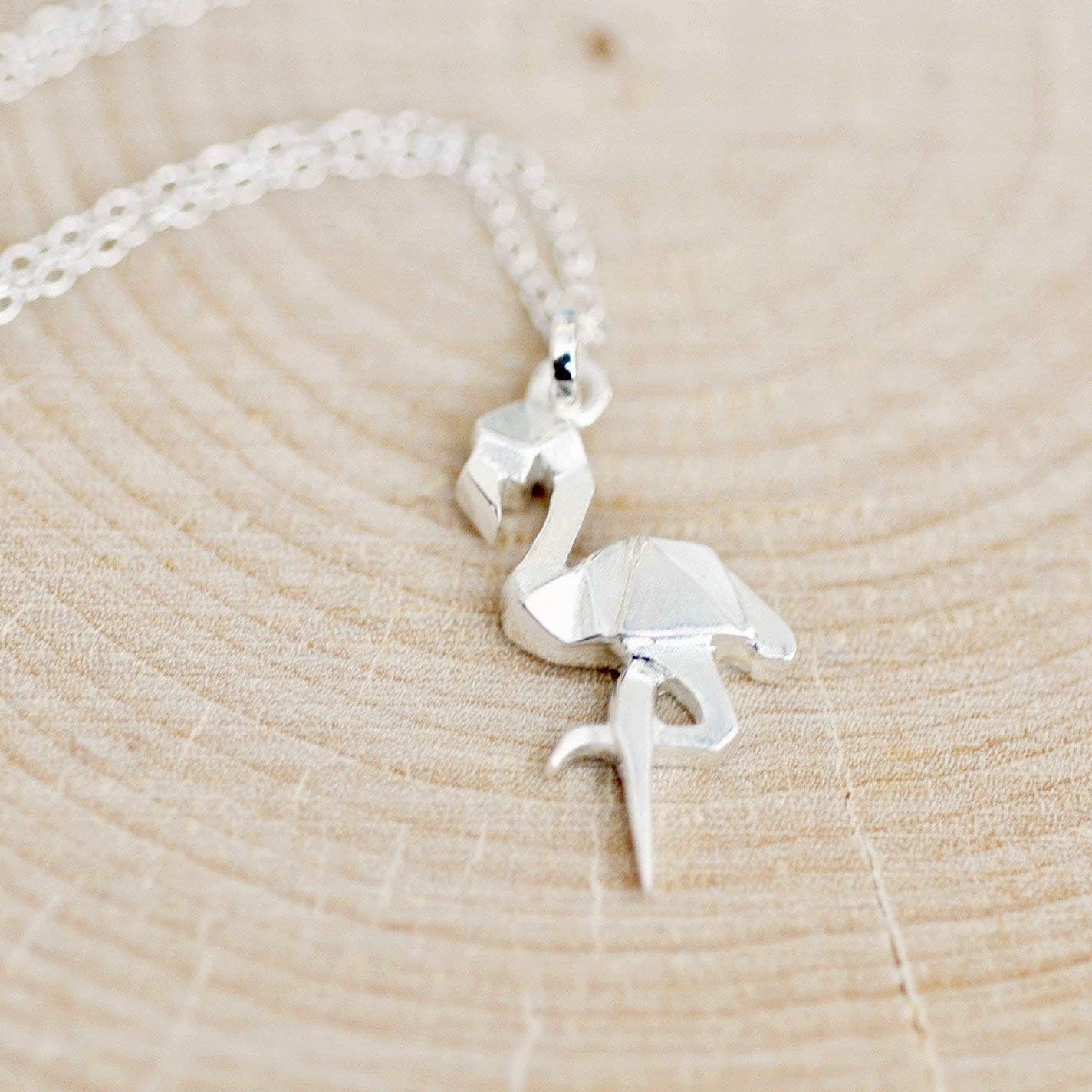 Origami Flamingo Necklace in Sterling Silver with 16 inch Chain - Image 2