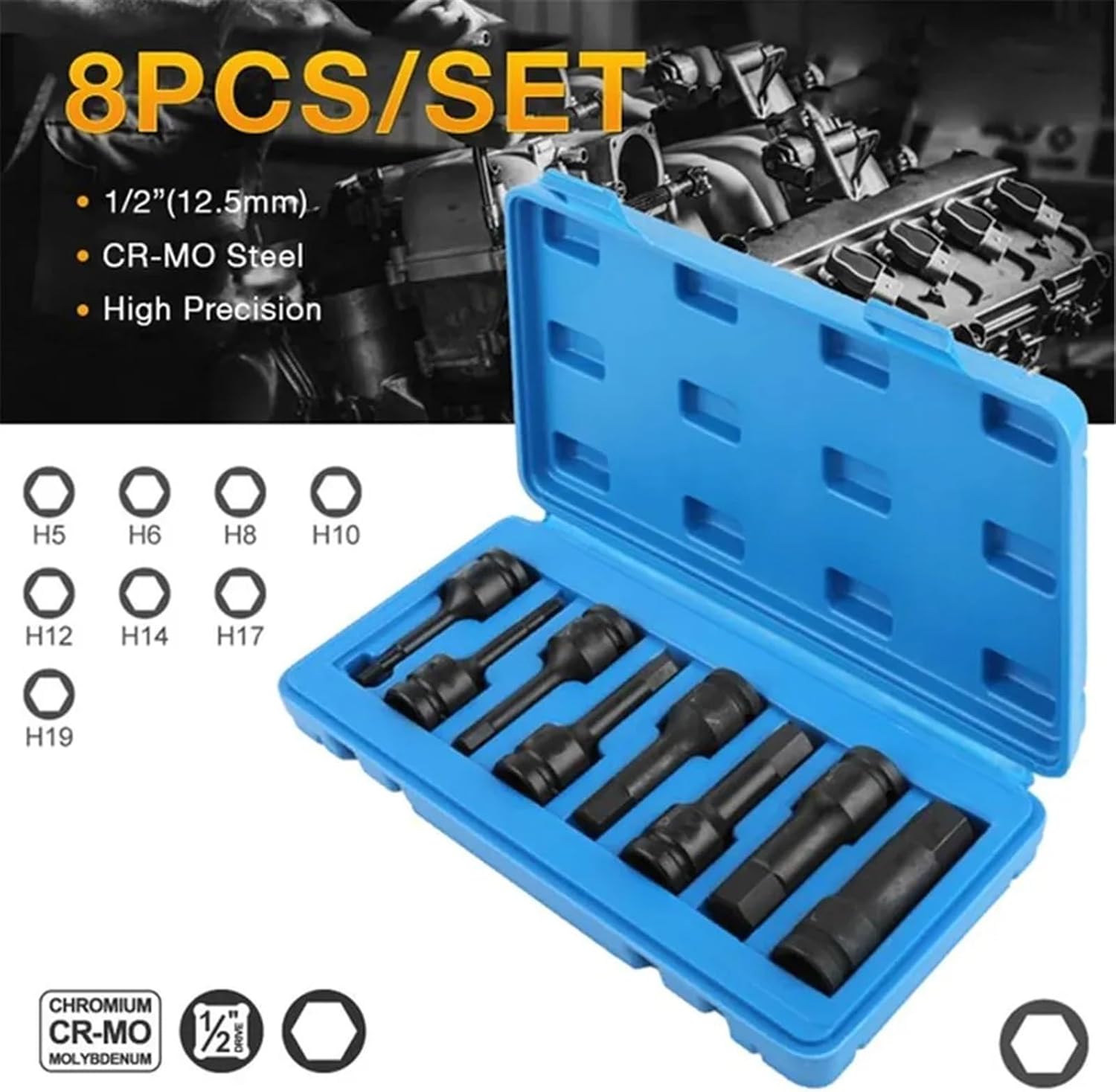 Nuts Driver Drill Bit Tools Set 1/2” Pneumatic Wrench Hexagonal Drive Bits Kit Cr-V Steel Hex Socket Driver ToolKit Metric (Size : 8)