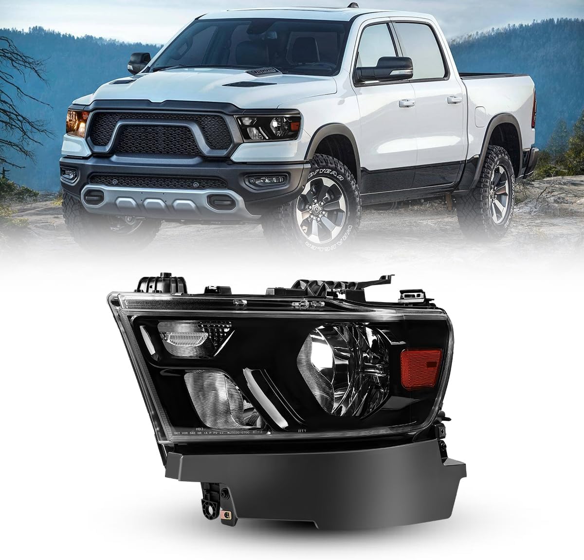 Winjet Headlight Assembly For 2019-2024 Dodge RAM 1500 Halogen Model Only [Not compatible w/Factory LED Headlight and 1500 Classic Models] - Glossy Black Housing/Clear Lens, Driver and Passenger Side