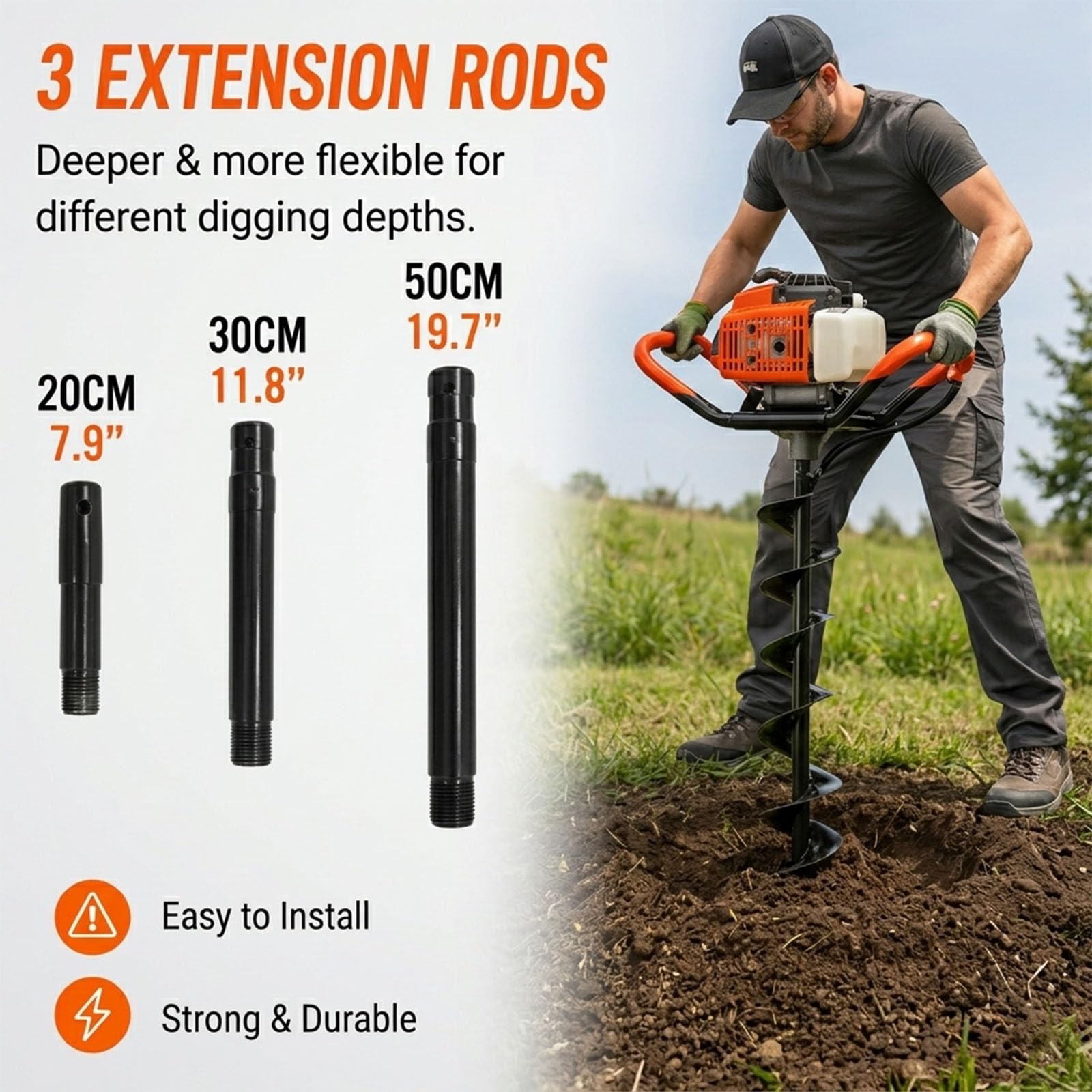 Ahoyador a Gasolina 63CC, Perforadora de Tierra con Set de 3 Brocas y 3 Extensiones, Motor de Alta Potencia para Postes de Cercas y Agricultura, Kit de Herramientas