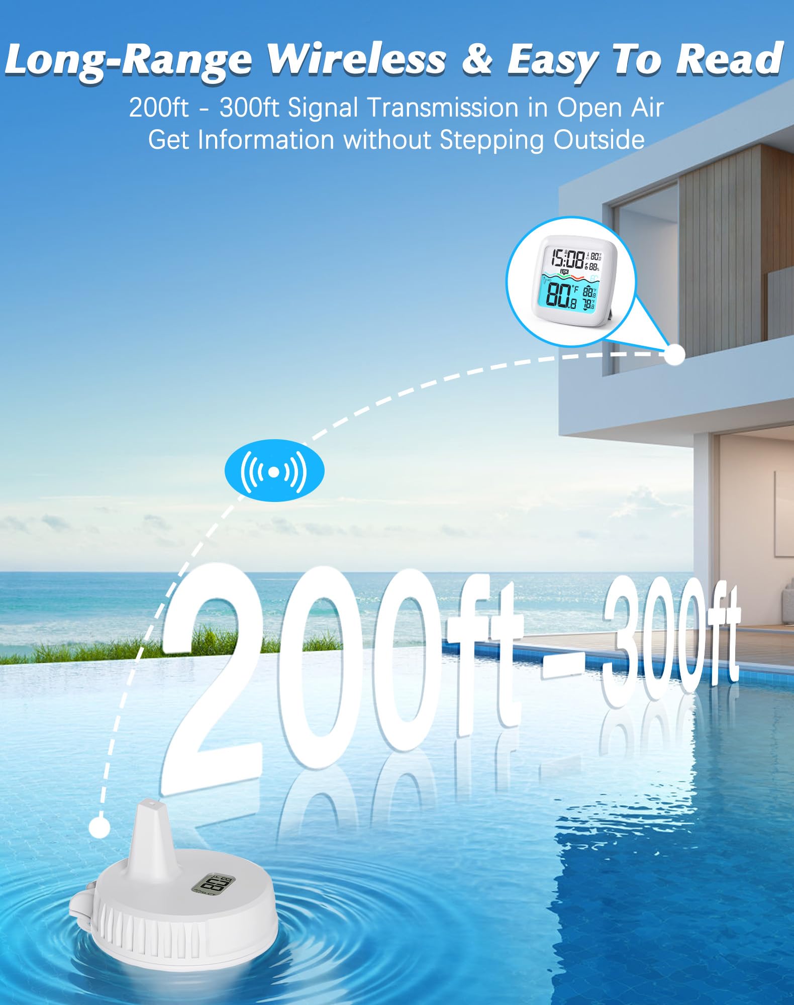 Termómetro inalámbrico flotante de fácil lectura, IPX8 impermeable, monitor digital de temperatura del agua, pantalla instantánea con 2 llaves de sellado para piscina, spa, jacuzzi, inmersión