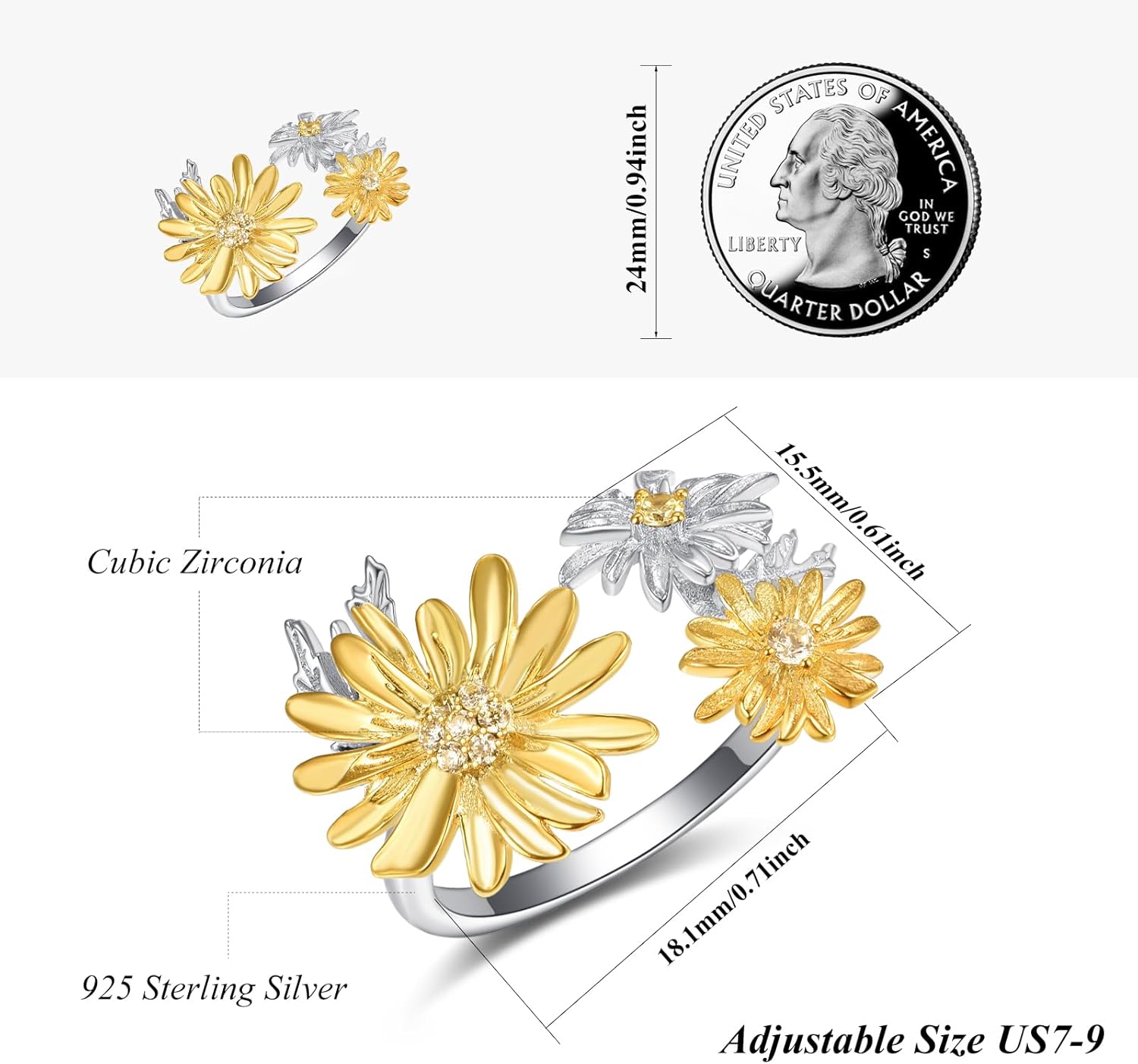 KINGWHYTE Daisy Rings for Women 925 Sterling Silver Adjustable Open Daisy Flower Rings Birthday Jewelry Gifts for Her - Image 6