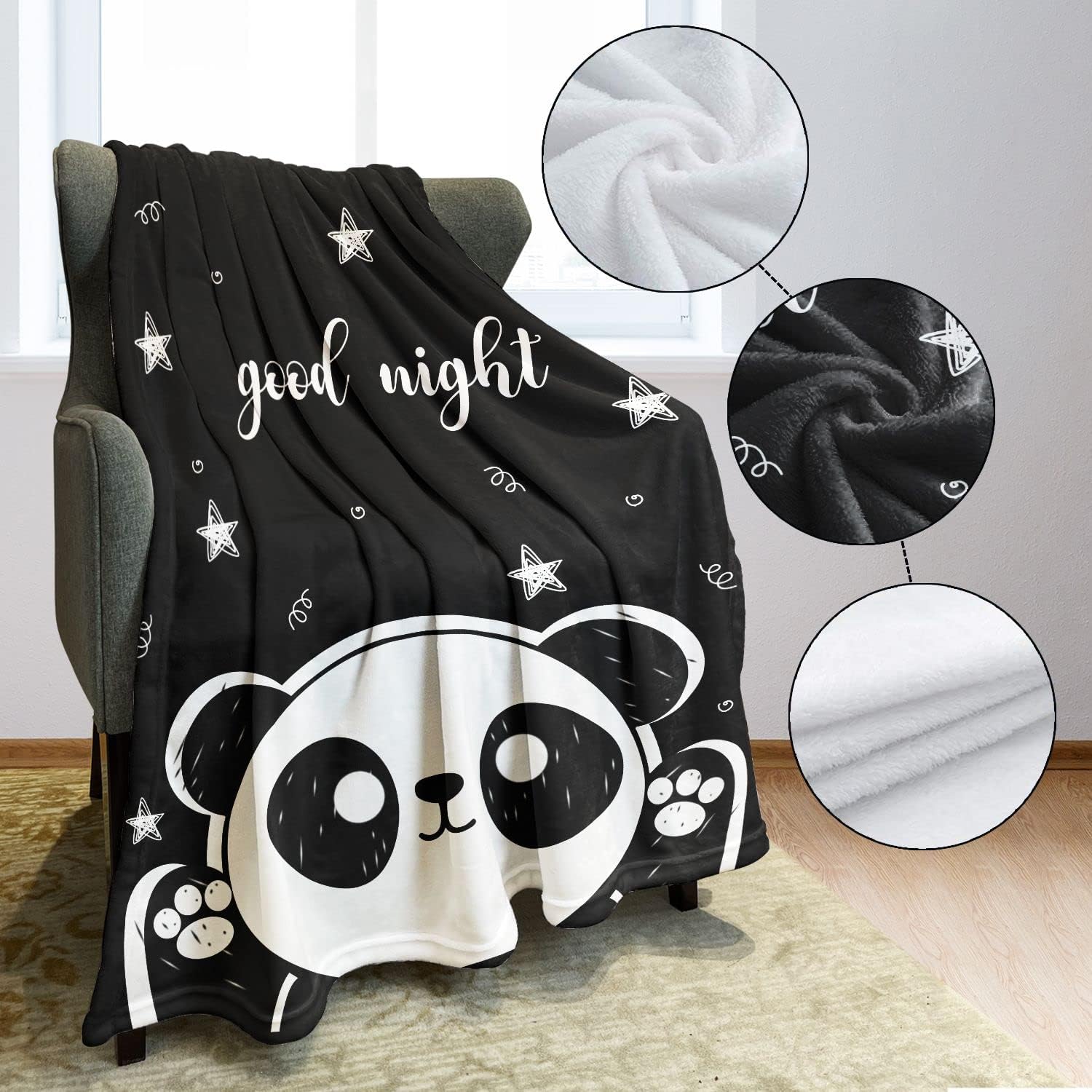 Cute Cartoon Panda Blanket, Star Pattern Embellished with Good Night Letter Printing, Home Decor Birthday Gifts for Children and Family, 60"x80"