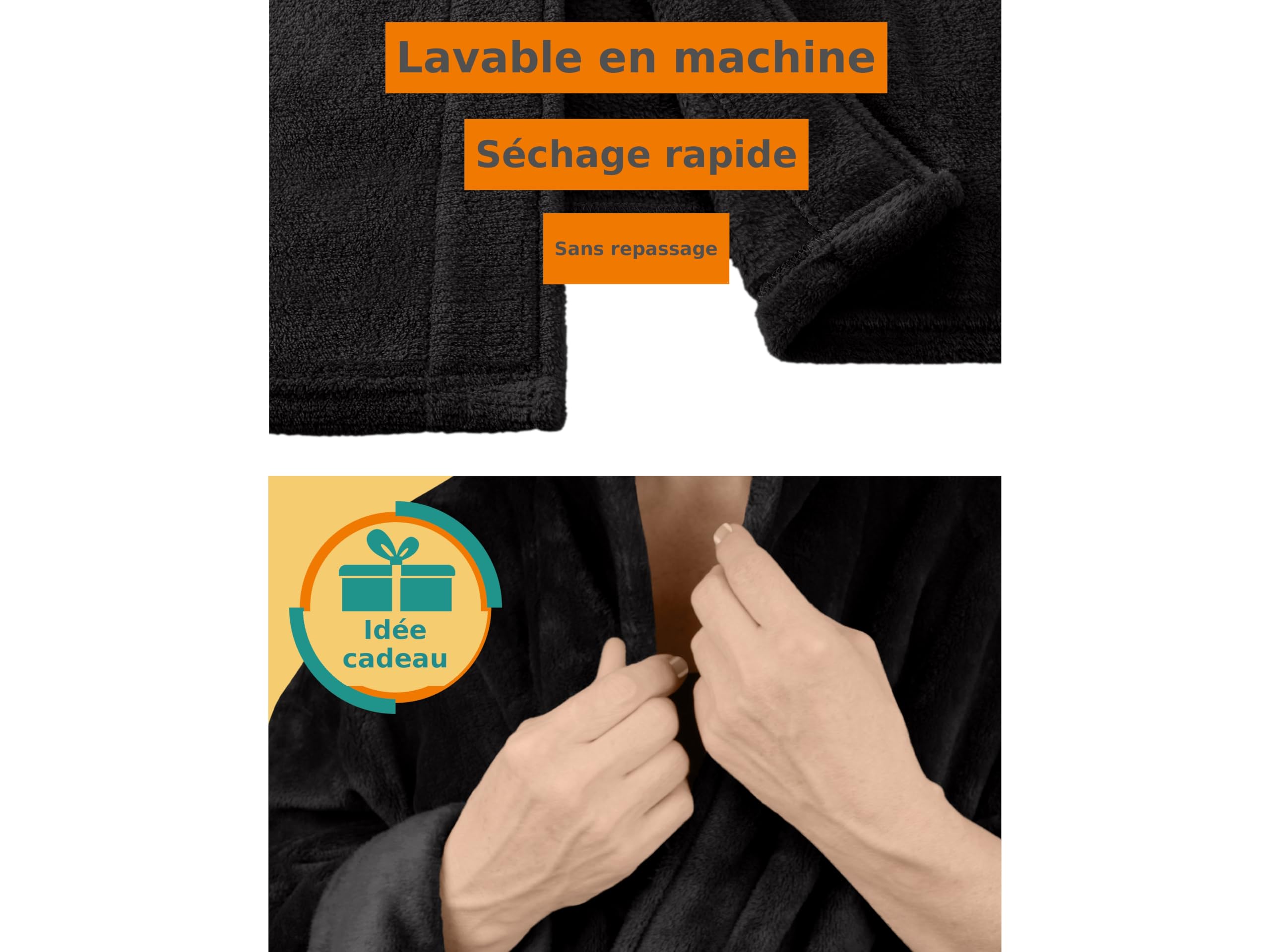 npluseins Peignoir de bain en polaire moelleuse avec col châle – Femme & Homme, XXL, Noir