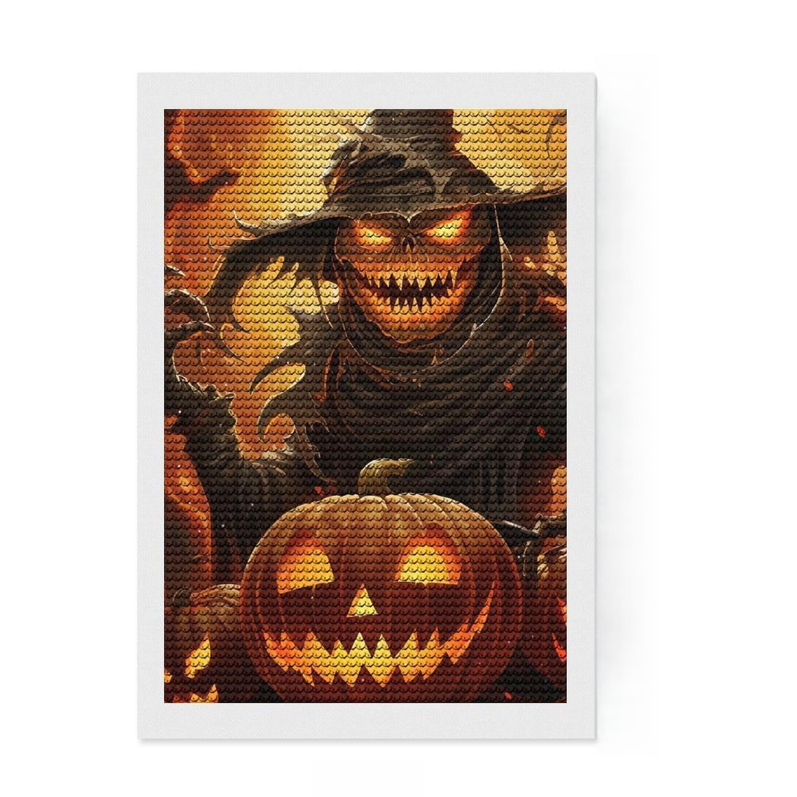 Junmoney Scary Halloween Scarecrow Pumpkins Diamond Art Canvas 8"x12", Neat Printed Canvas, Mindful Craft Activity, Cosy Home Accent, Festive Craft Gift
